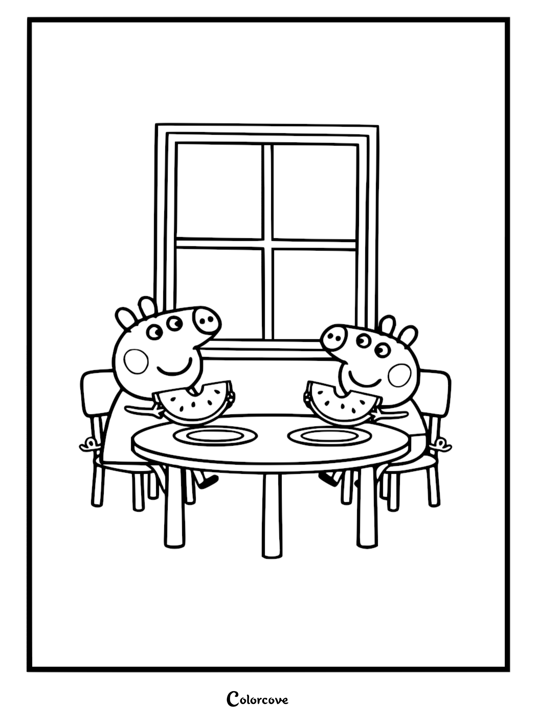 A Peppa Pig coloring page featuring Peppa Pig and George sitting at a table eating slices of watermelon in front of a window.