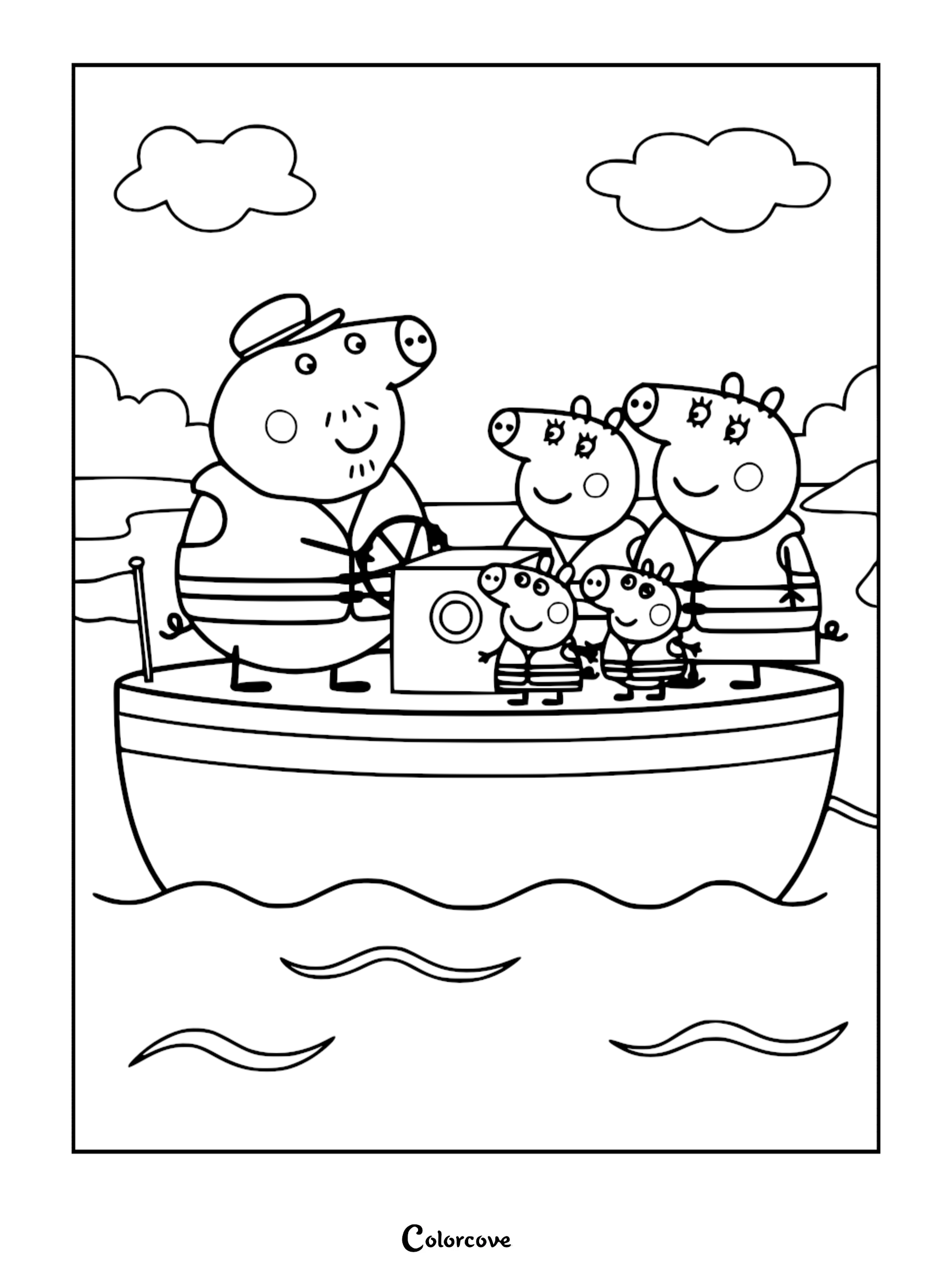 Line art coloring page of Grandpa Pig steering a boat with Peppa Pig, George Pig, Mummy Pig, and Granny Pig wearing life jackets on the ocean.