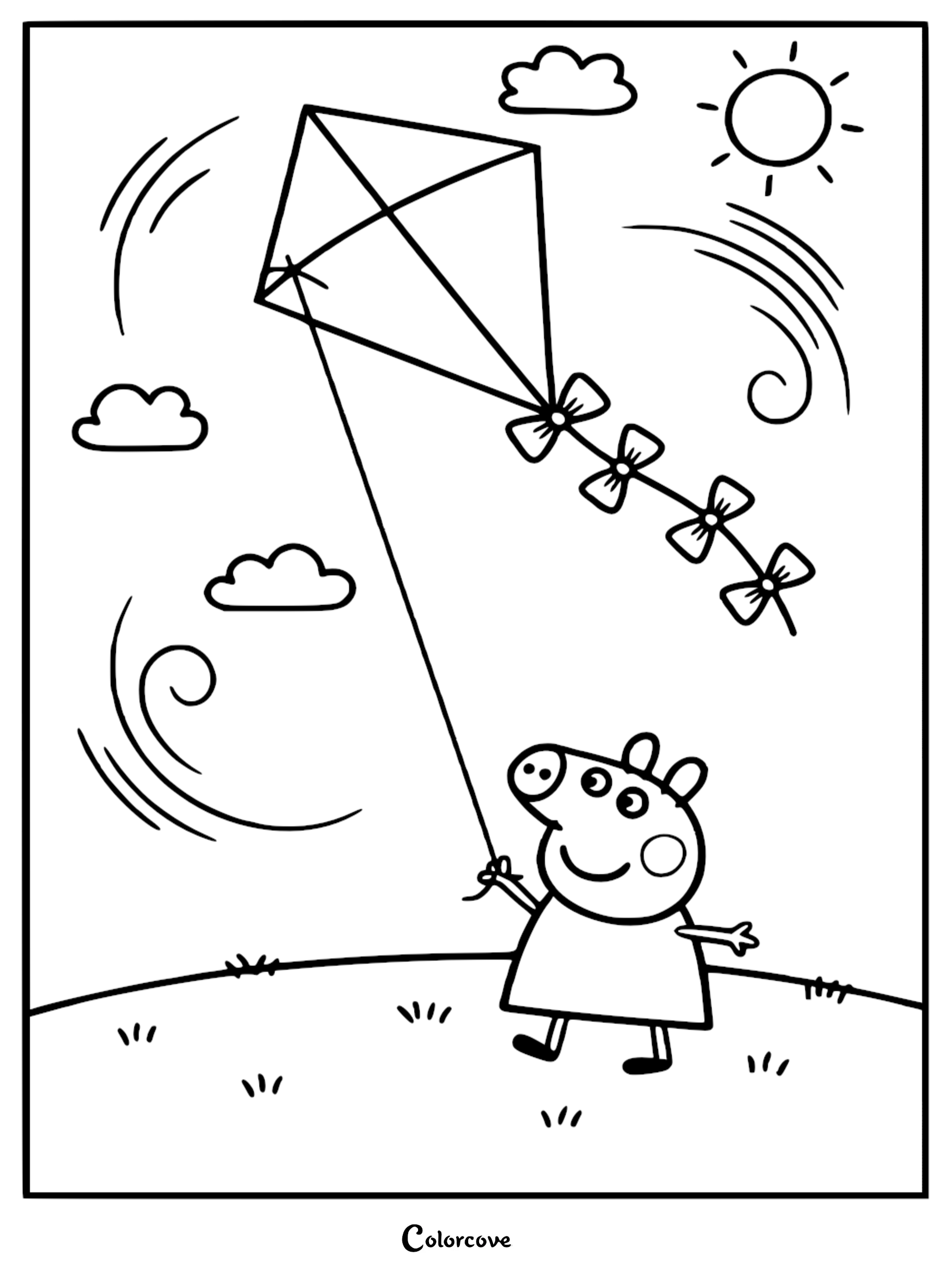 Peppa Pig coloring page featuring Peppa flying a diamond kite with a bow tail on a windy day with clouds and sun.