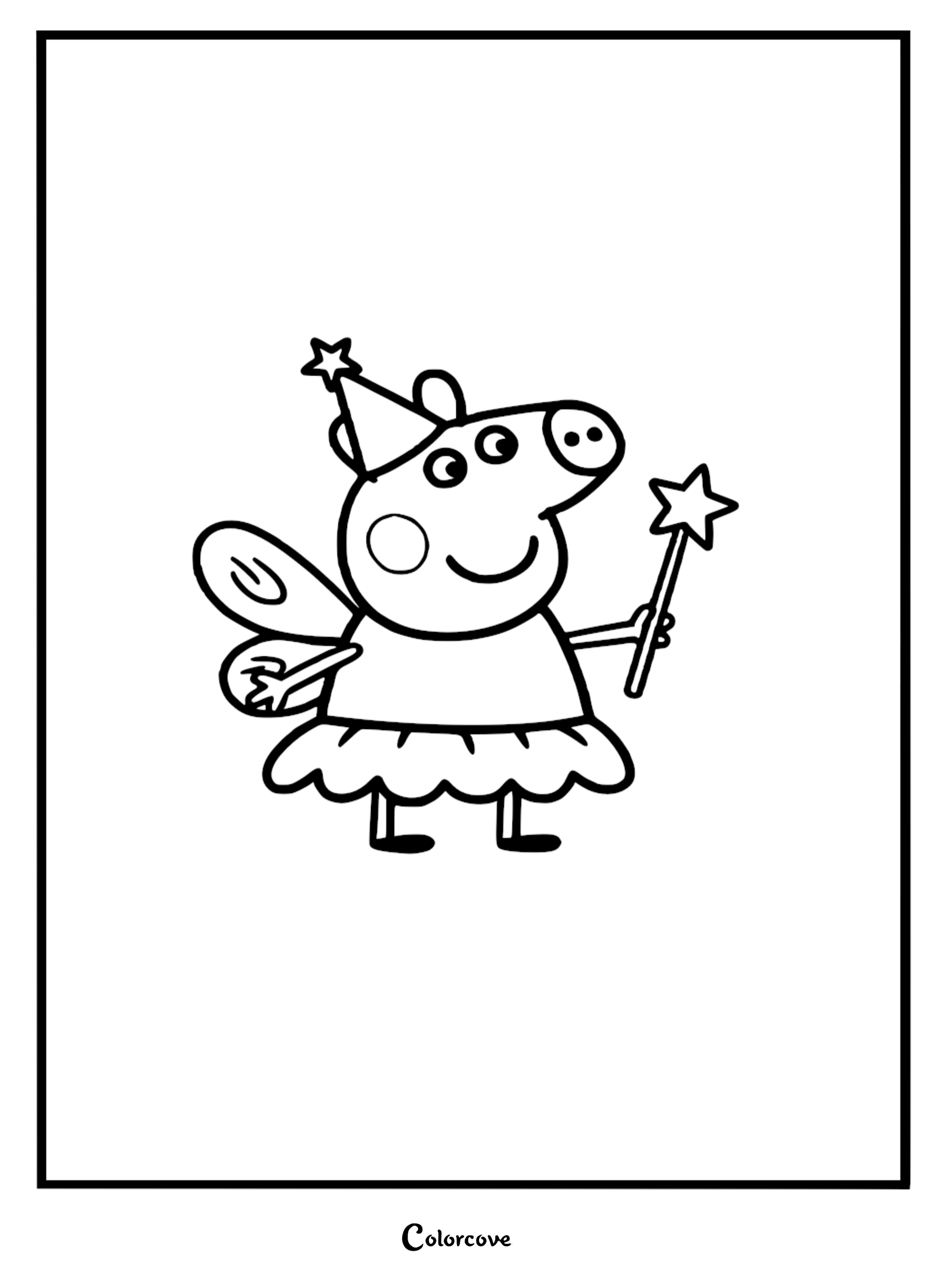 A line art coloring page of Peppa Pig wearing a star-tipped party hat, fairy wings, and holding a magic wand.