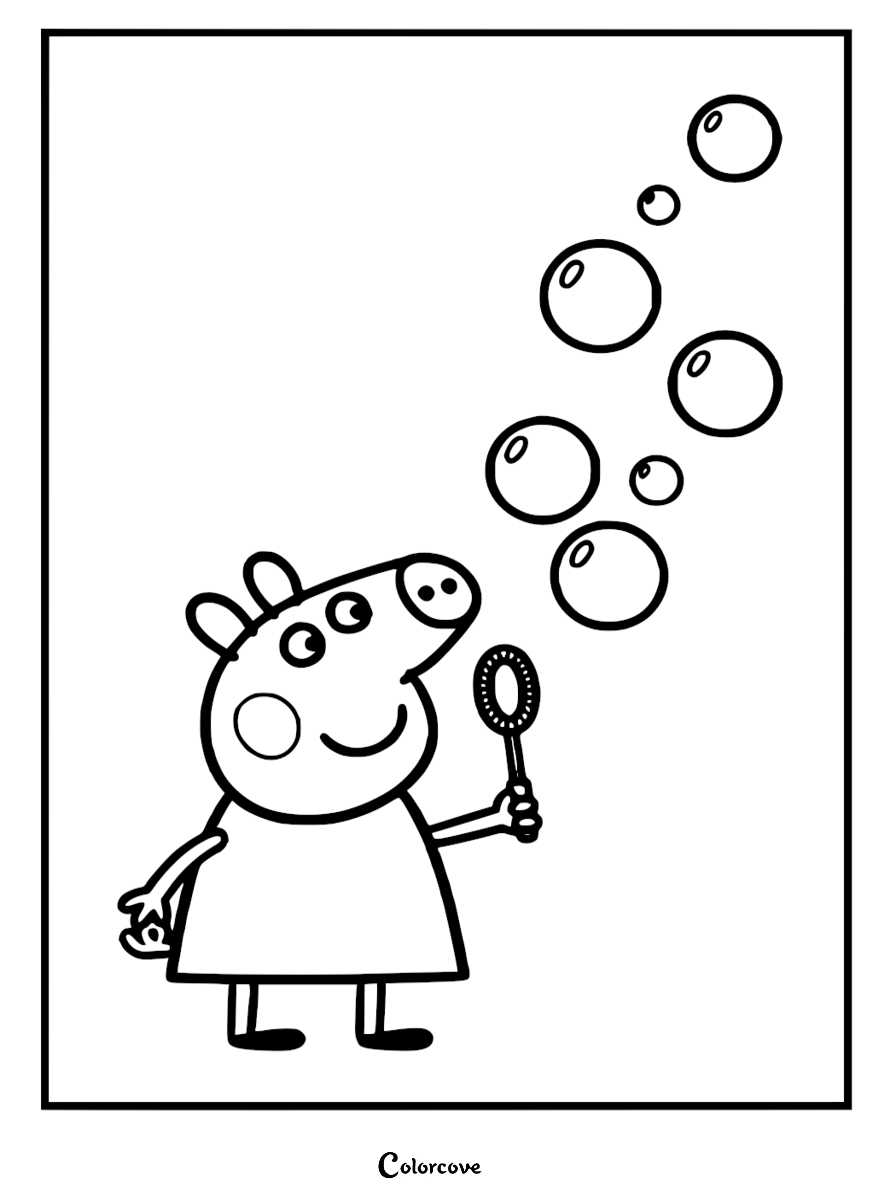 A Peppa Pig coloring page showing Peppa holding a bubble wand with several round bubbles floating in the air.