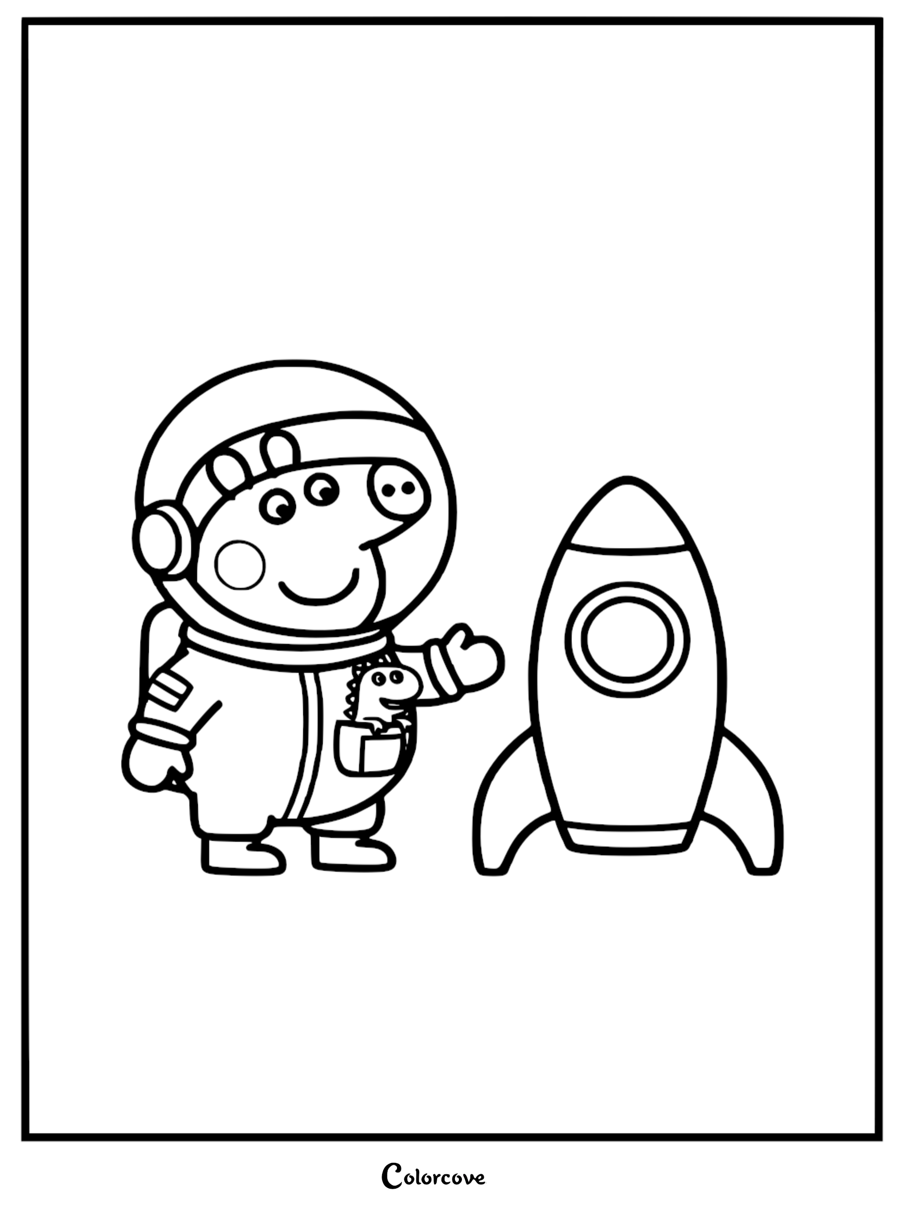 A black and white coloring page of George Pig wearing an astronaut helmet and suit with a dinosaur toy in his pocket standing next to a small rocket ship.