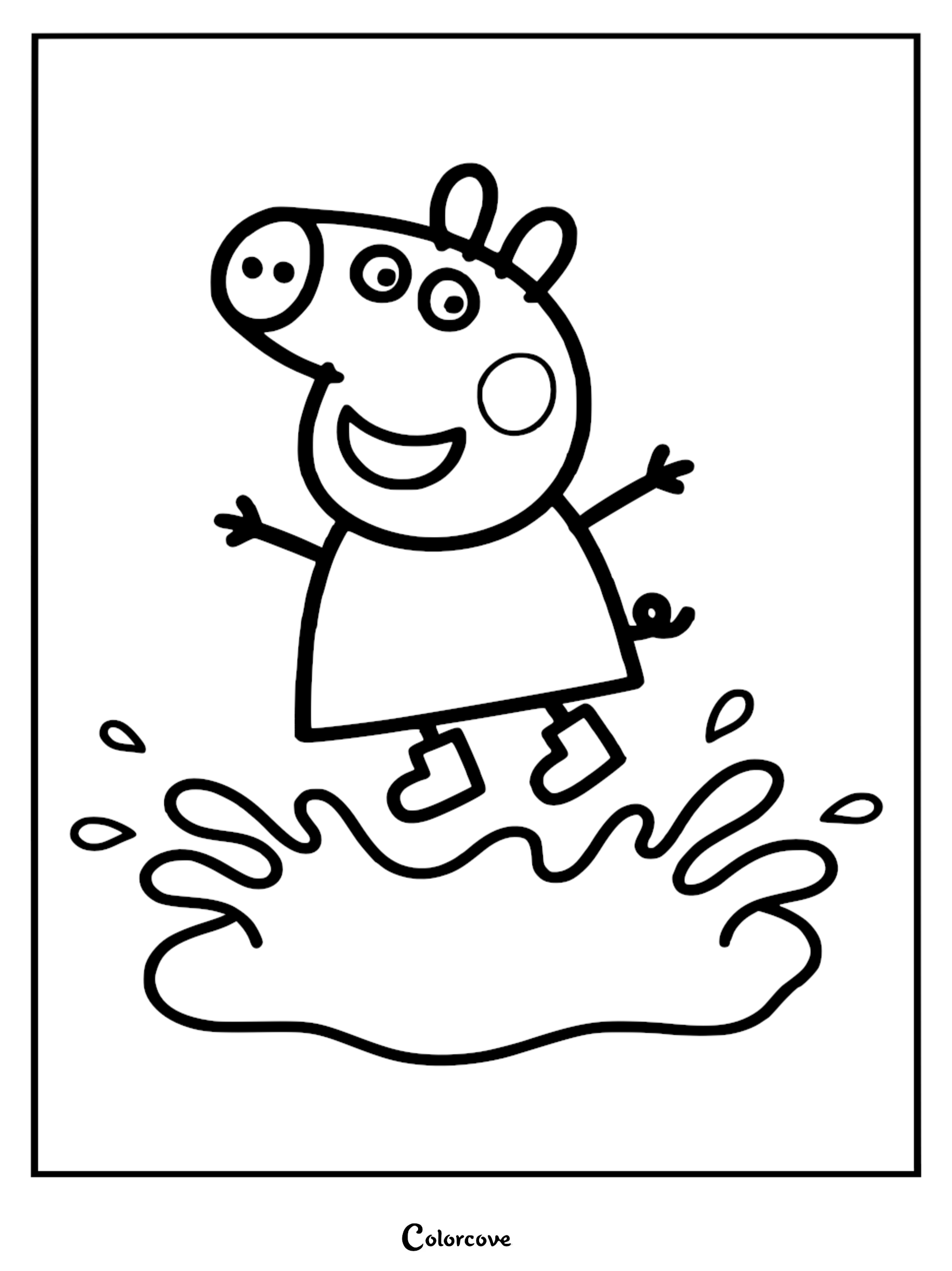 A Peppa Pig coloring page featuring Peppa wearing boots and jumping into a large muddy puddle with water splashing.