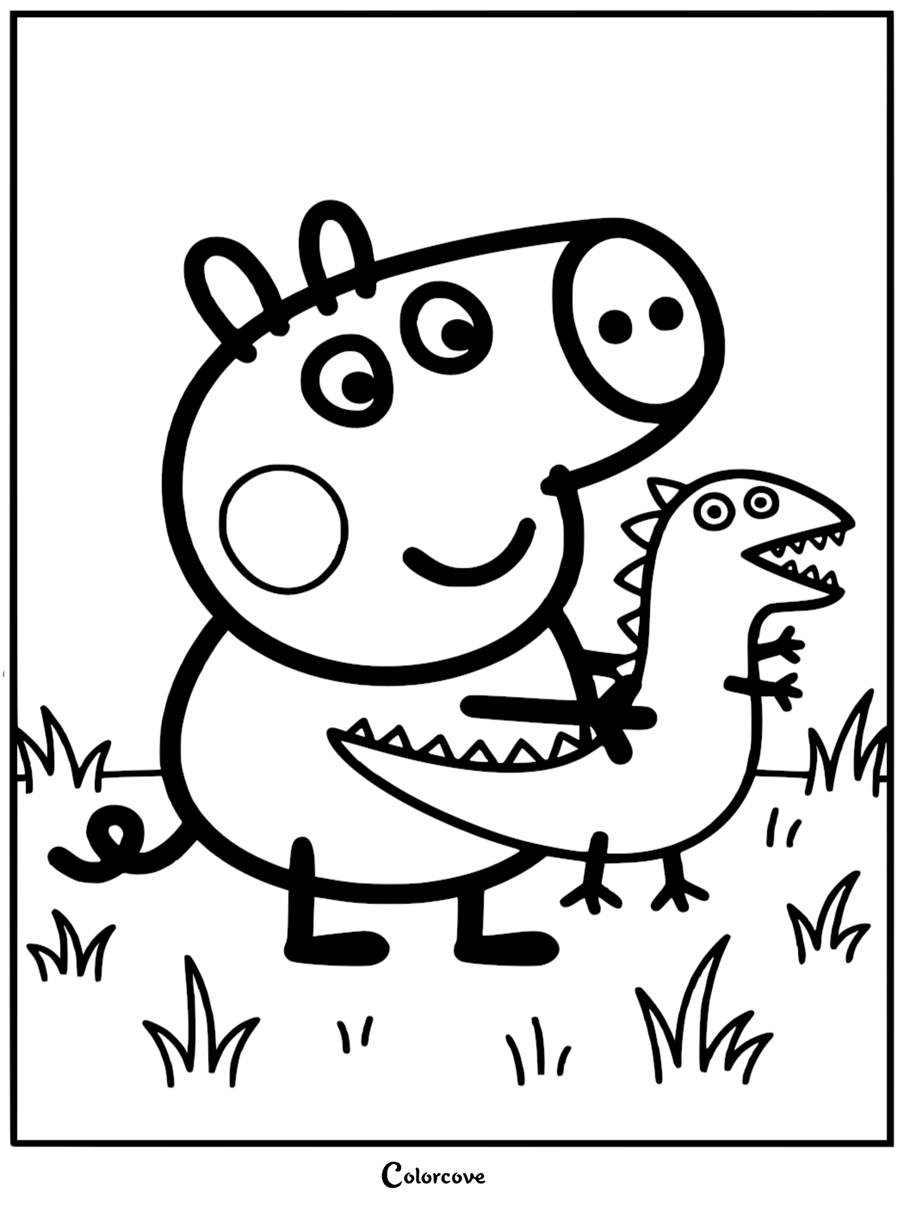 A simple line art coloring page of George Pig standing in a field of grass and holding his toy dinosaur.