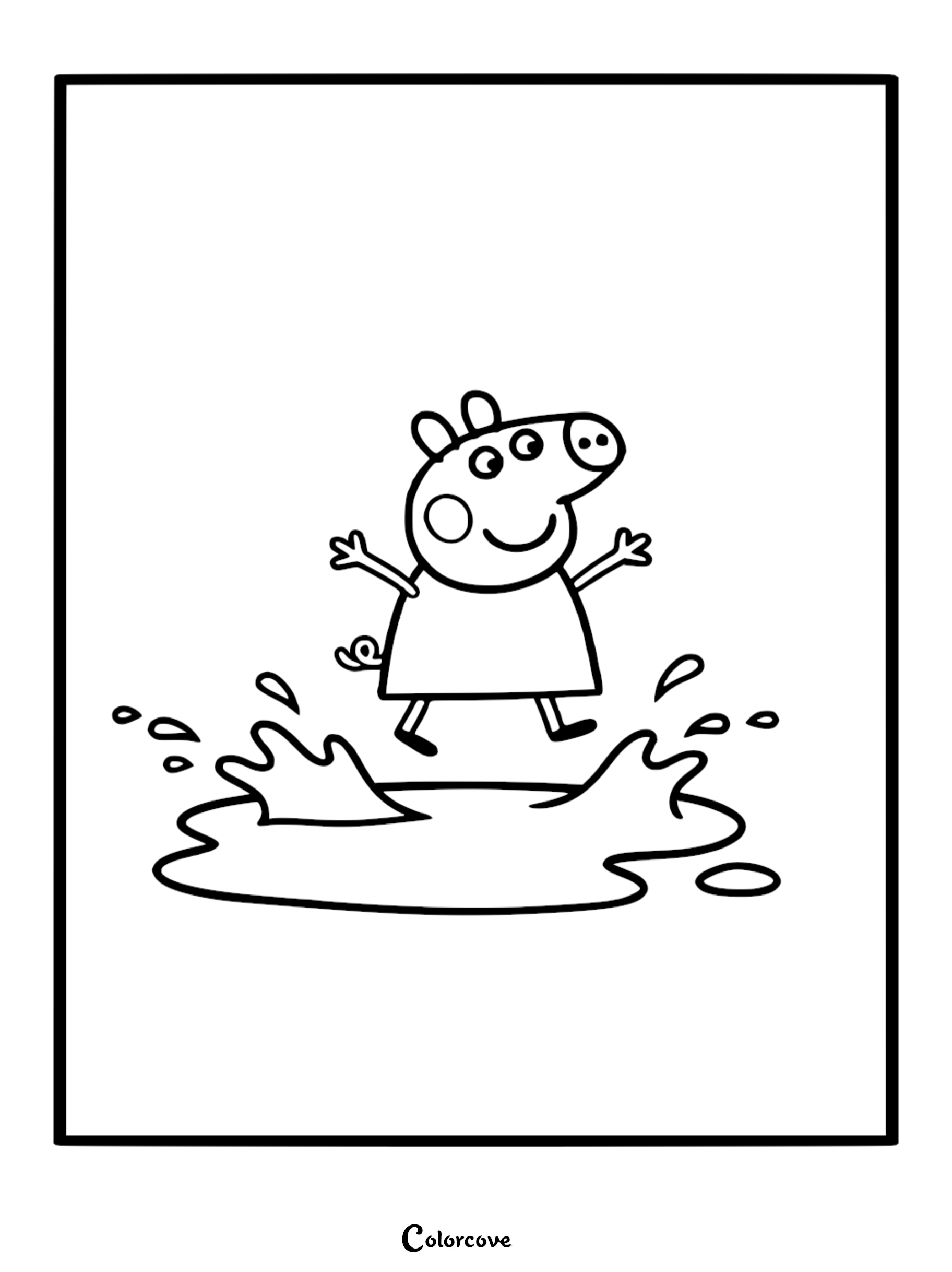 Line art coloring page of Peppa Pig jumping into a muddy puddle with water droplets splashing up around her.