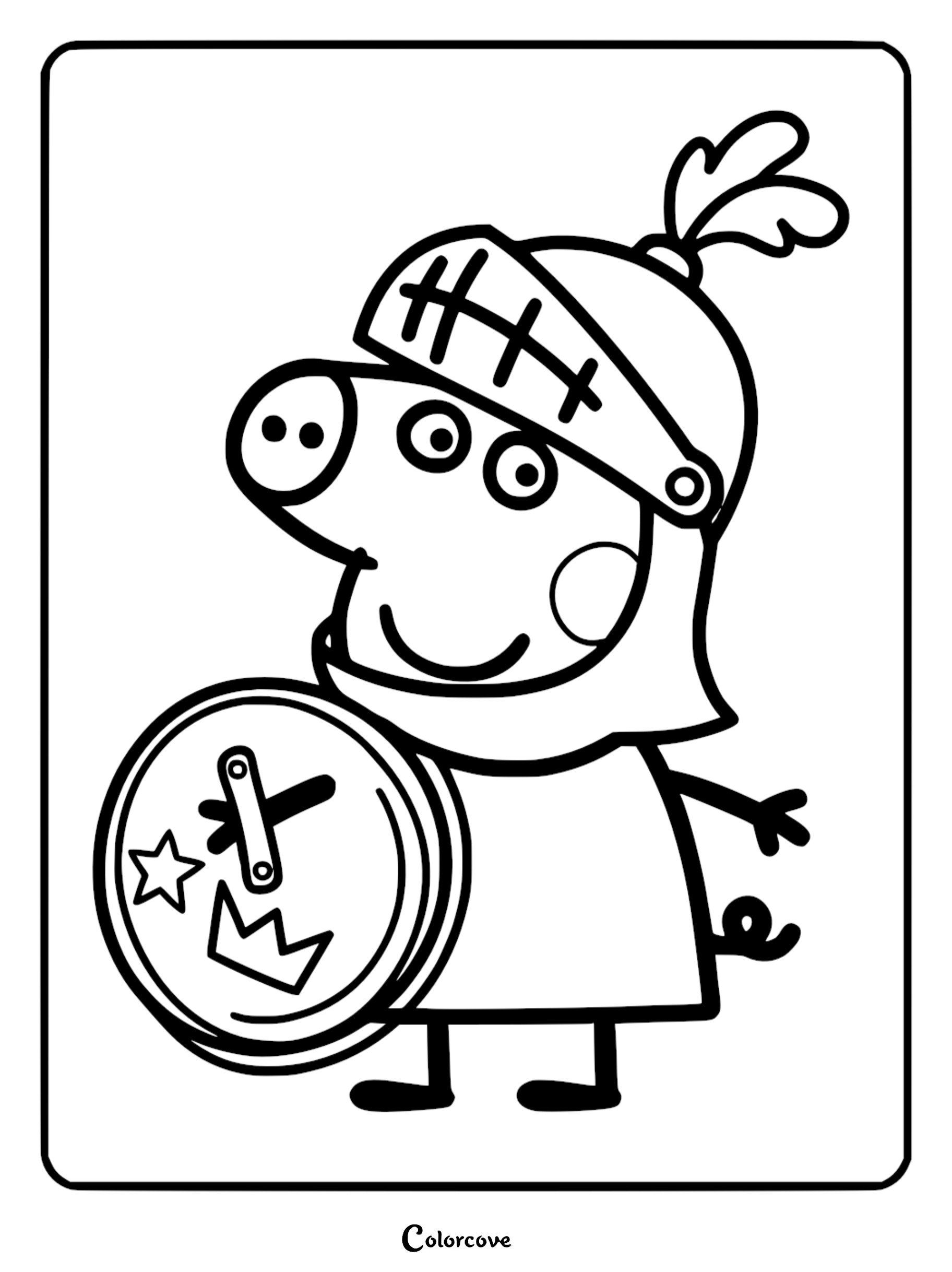 A line art coloring page of George Pig wearing a knight helmet with a plume and holding a shield.