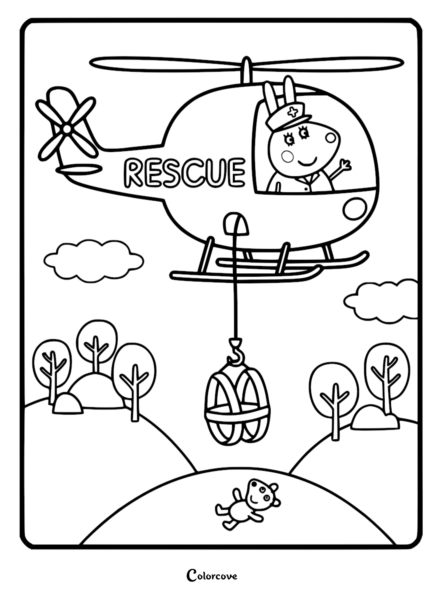 A detailed line art coloring page of Miss Rabbit piloting a rescue helicopter with a winch basket to save Teddy on a hill.