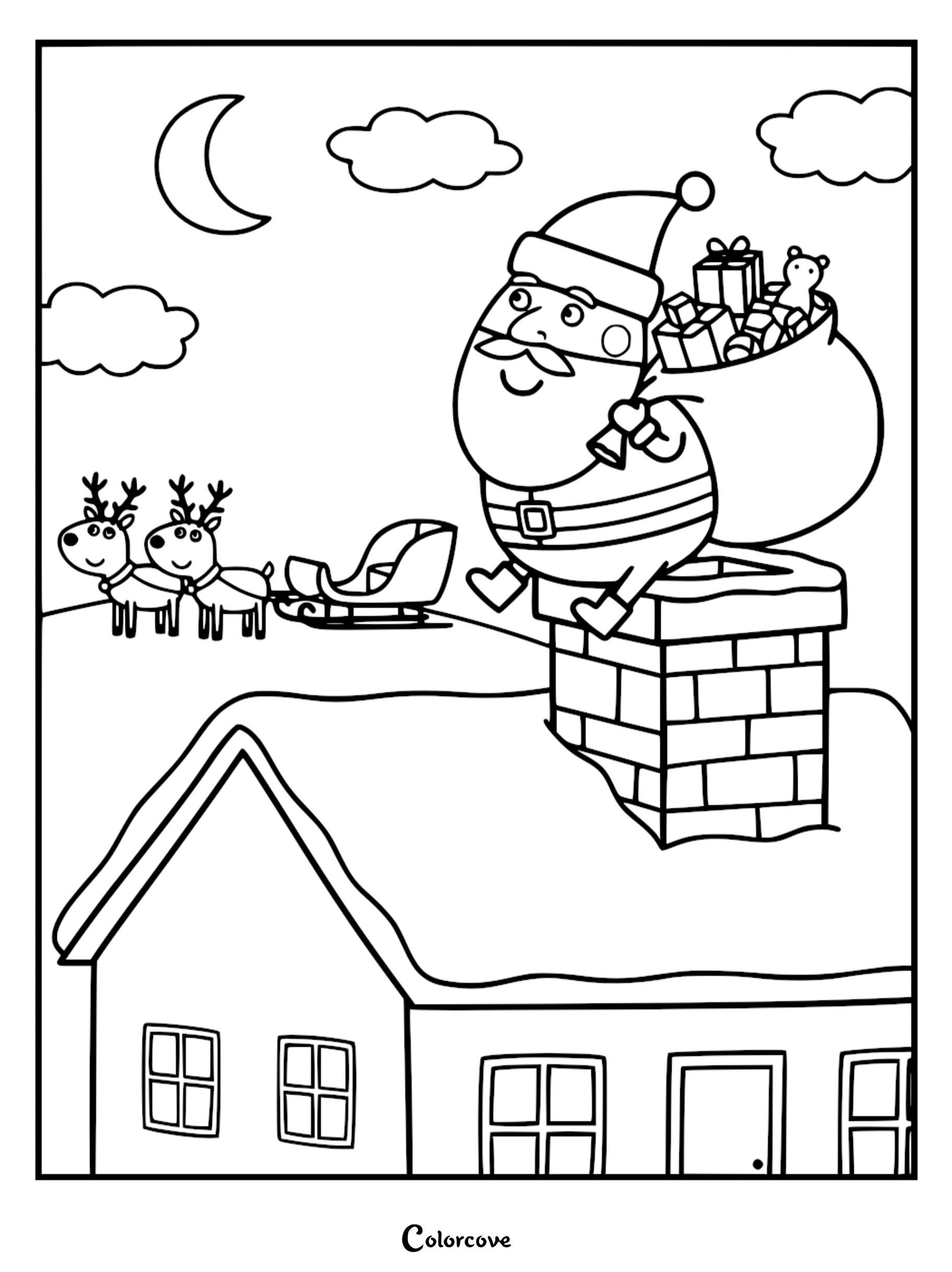 Santa Claus coloring page featuring him sitting on a brick chimney with a sack of toys, a sleigh, and reindeer on a snowy roof.