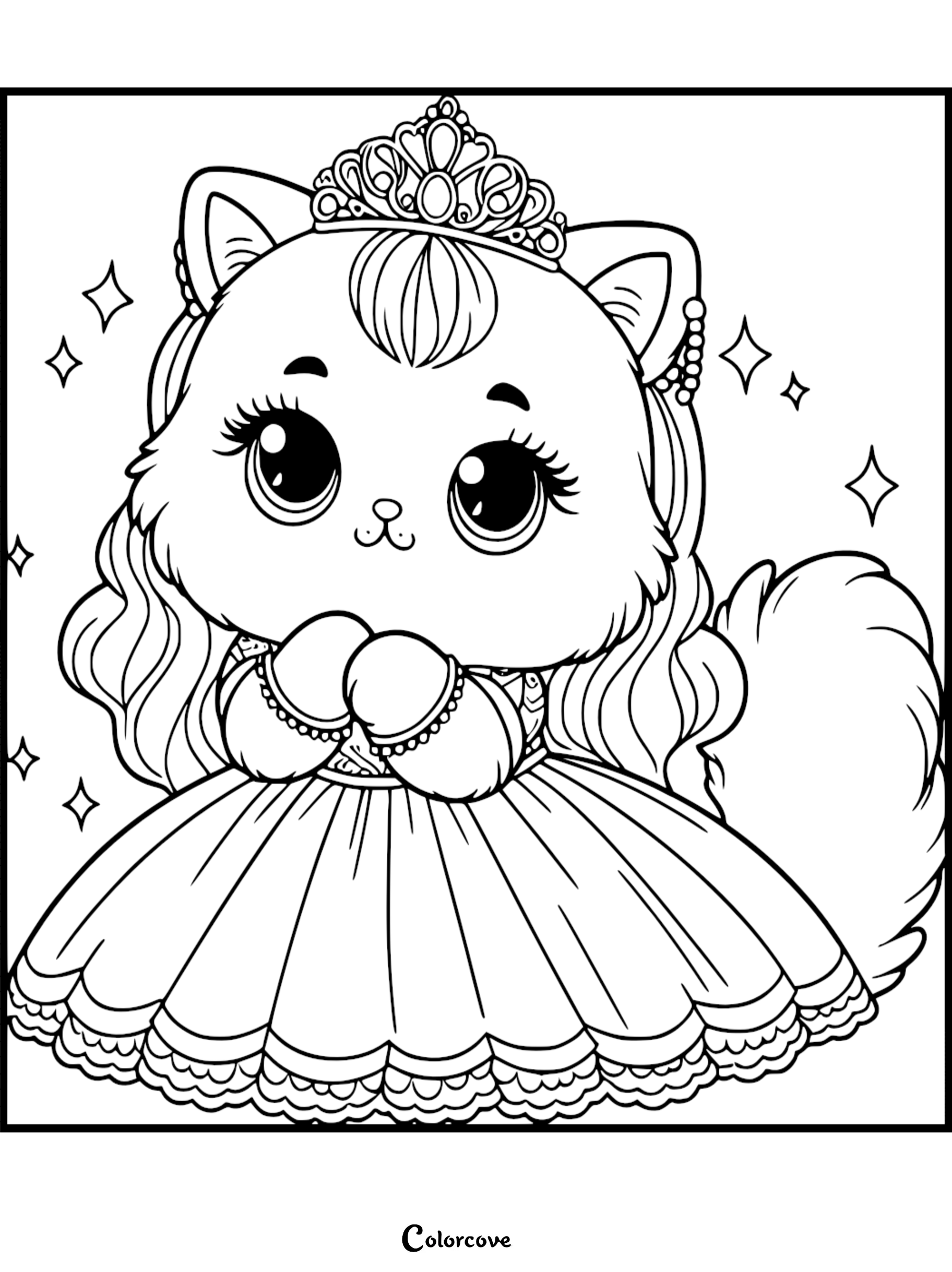 A cute Persian cat wearing a princess tiara and a ruffled ballgown in this free printable coloring page.