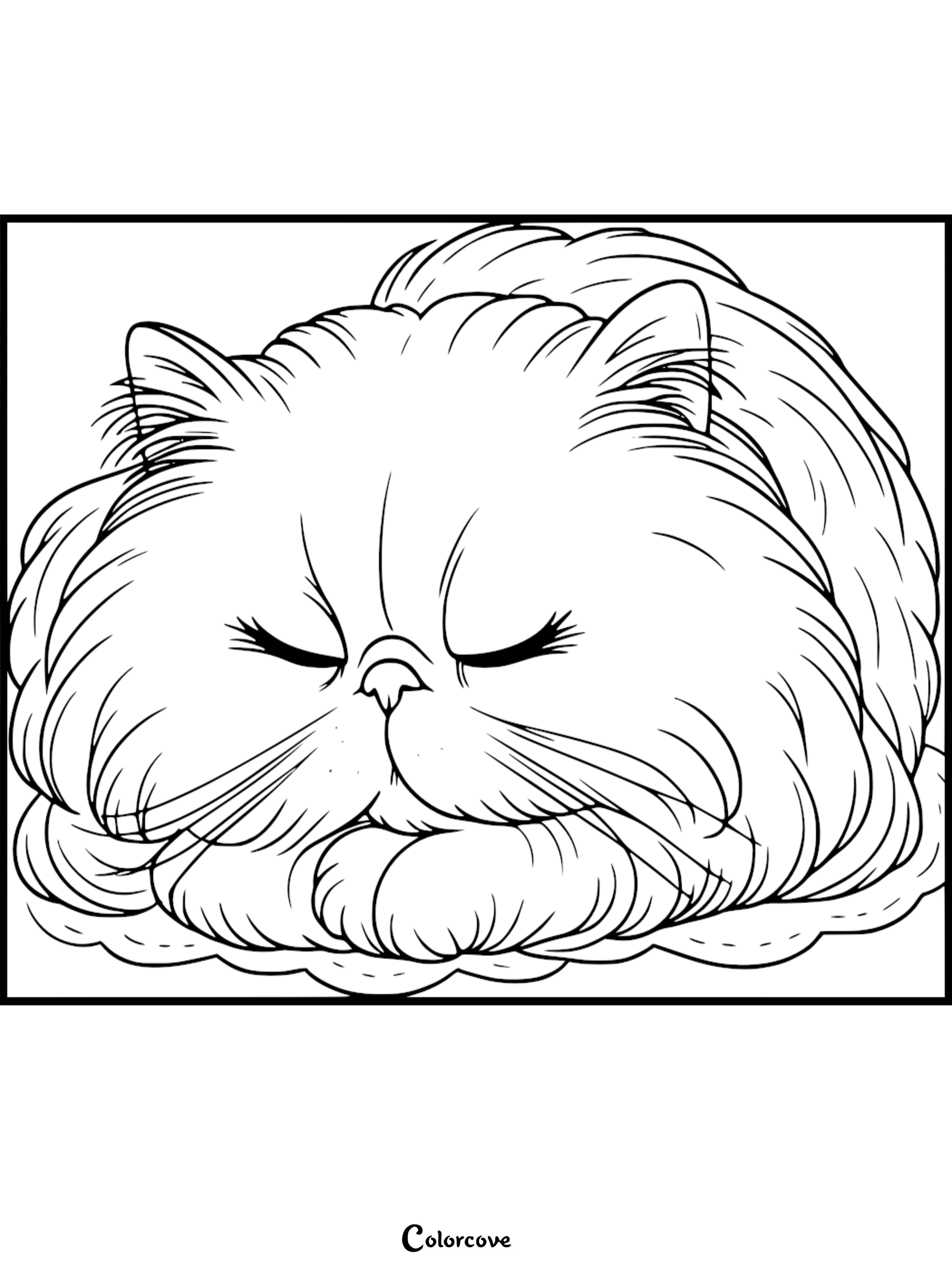 A fluffy Persian cat sleeping peacefully in this printable coloring page.