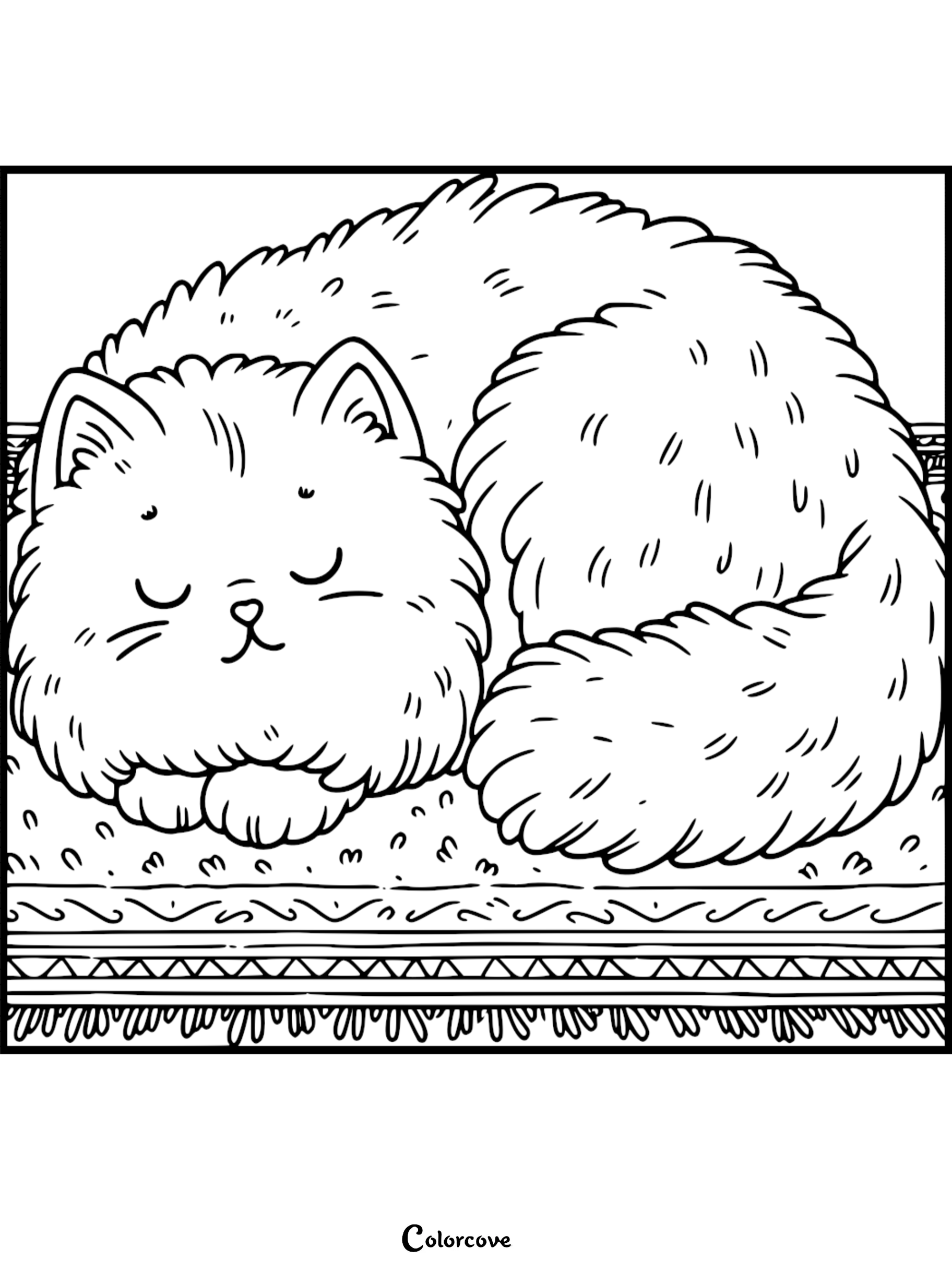 A fluffy Persian cat curled up sleeping on a patterned rug in this printable coloring page.