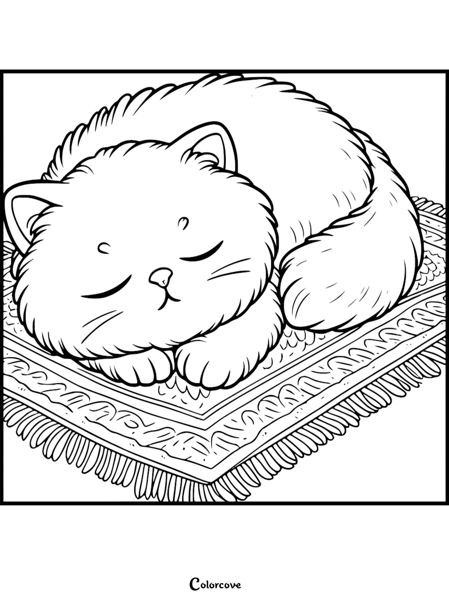 A fluffy Persian cat sleeping peacefully on a patterned rug in this printable coloring page.