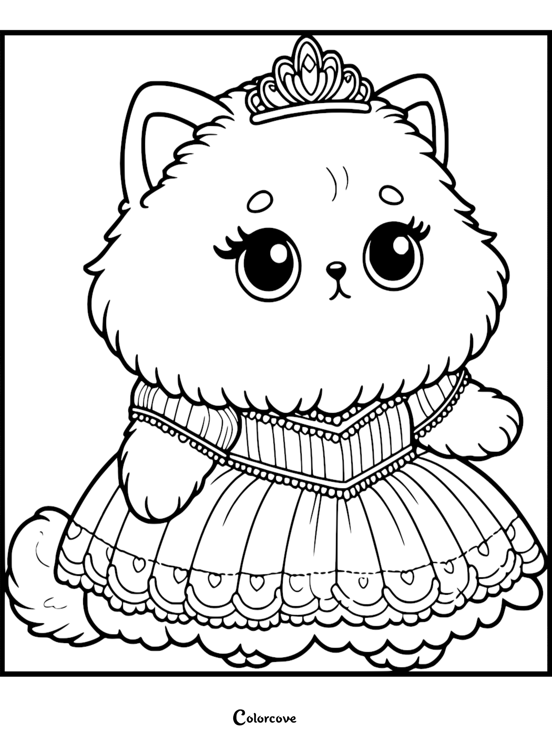 A cute Persian cat wearing a royal princess dress and tiara in this free printable coloring page.