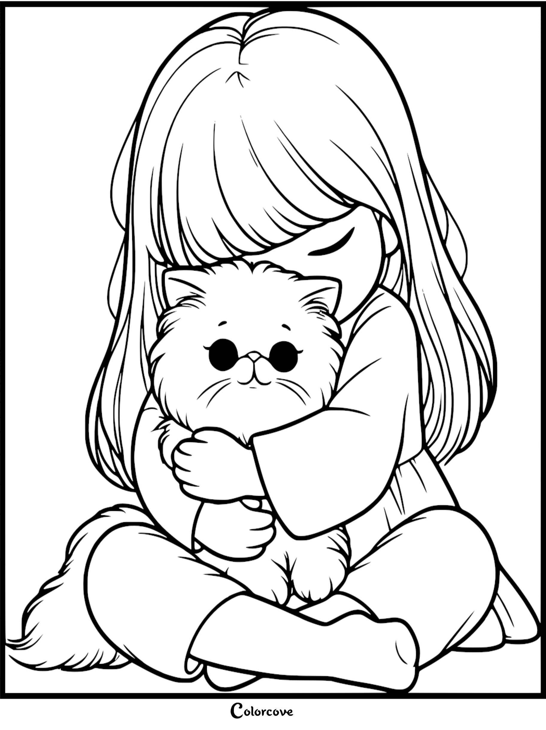 A young girl with long hair hugging a fluffy Persian cat in this printable coloring page.