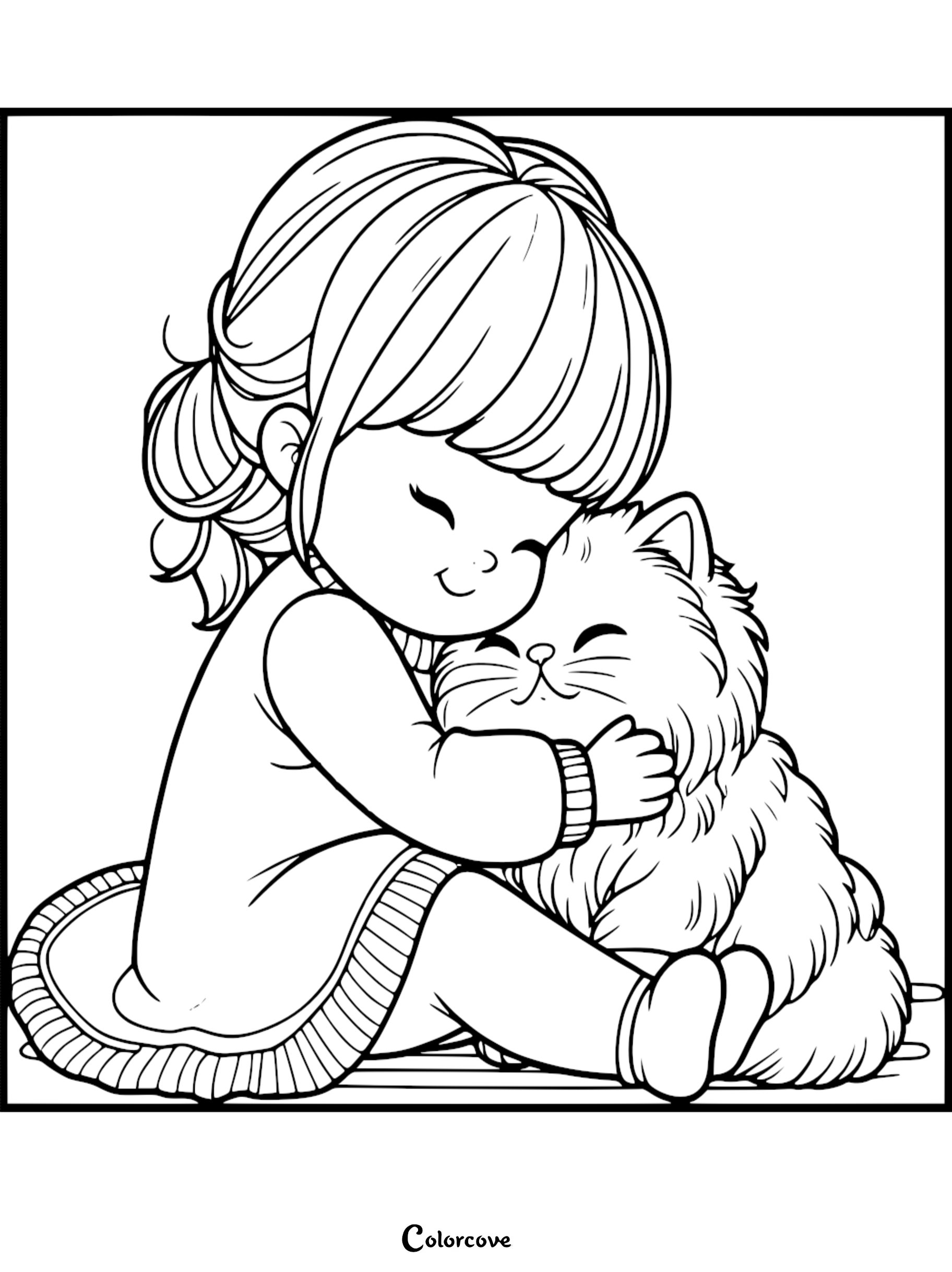 A young girl with a ponytail hugging a fluffy Persian cat in this printable coloring page.