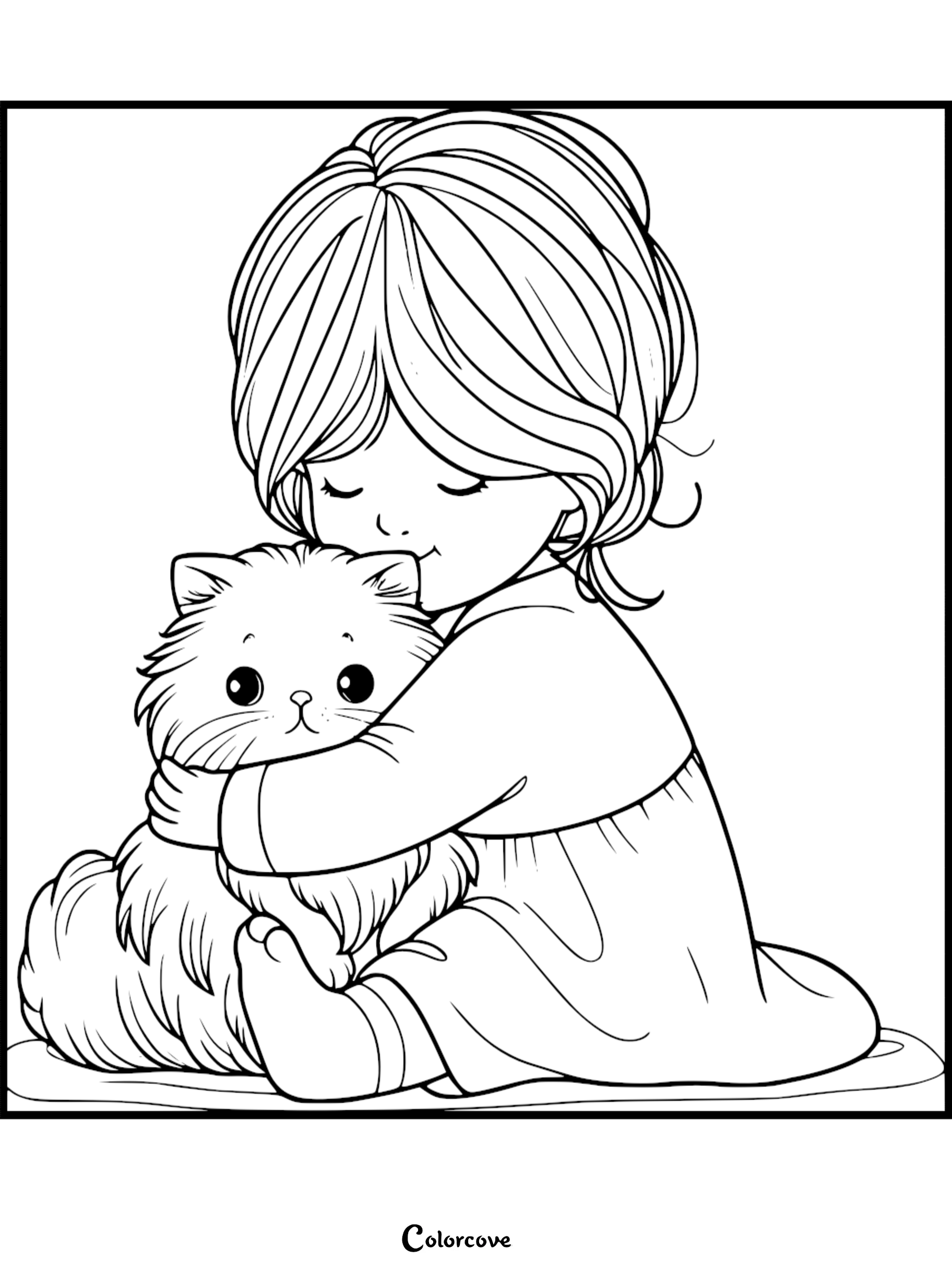 A young girl with long hair gently hugging a fluffy Persian cat in this printable coloring page.