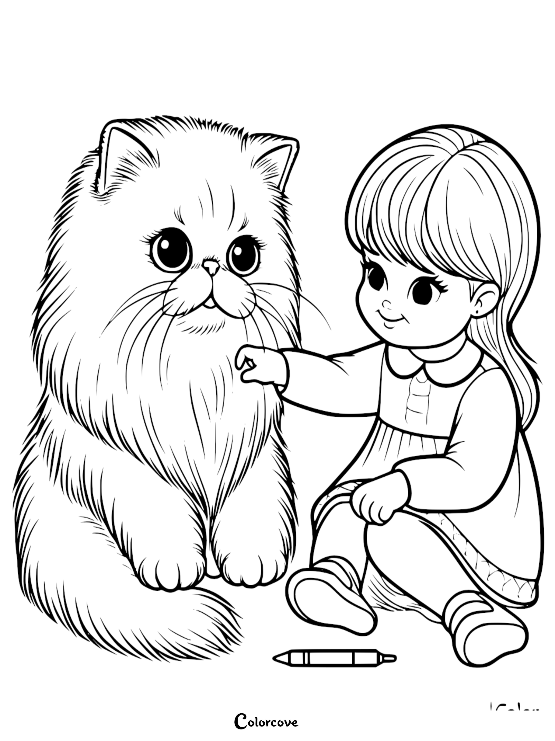 A young girl sitting on the floor petting a fluffy Persian cat in this free printable coloring page sheet 1.