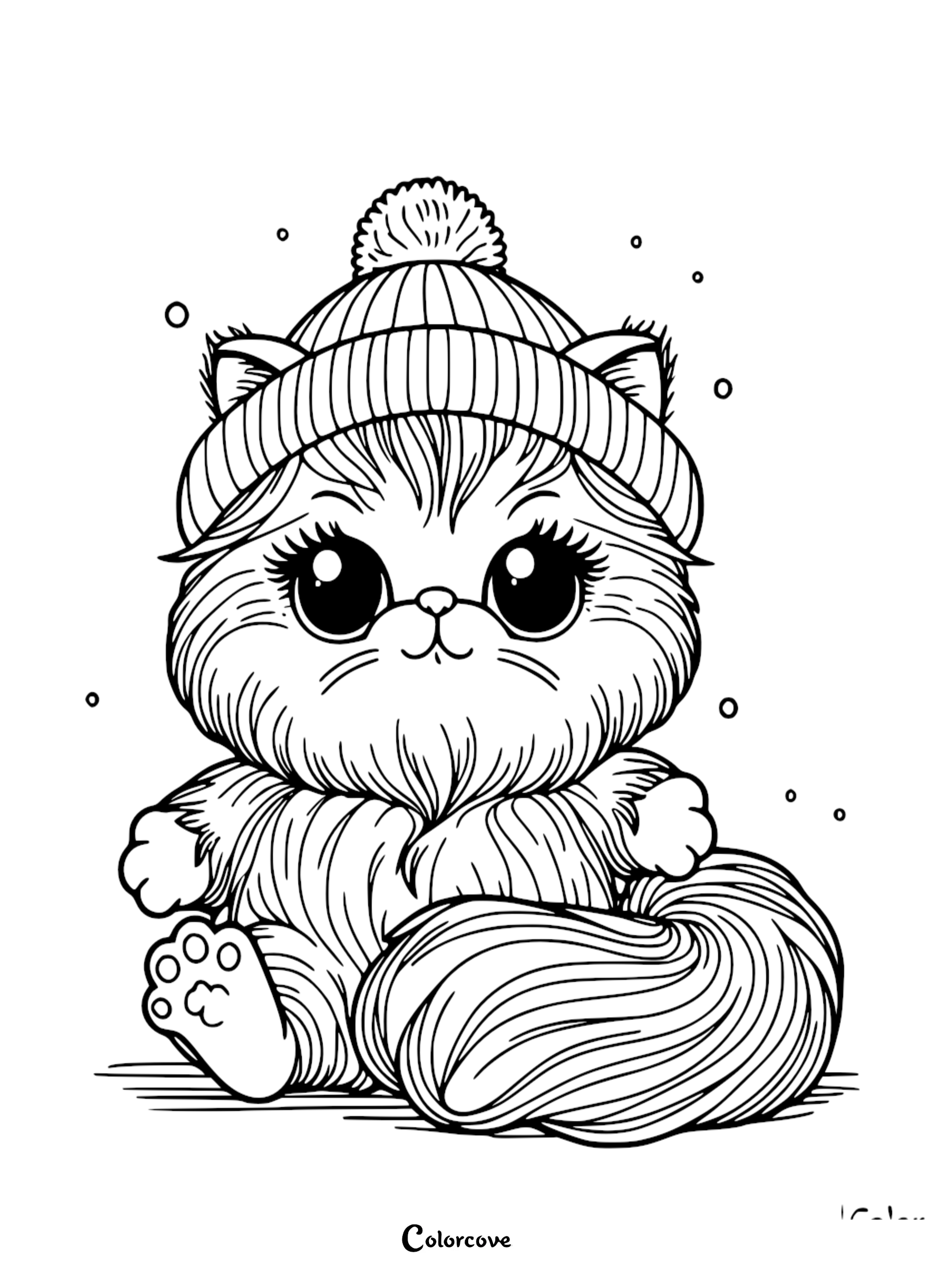 A fluffy Persian cat wearing a winter beanie hat in this printable coloring page sheet.