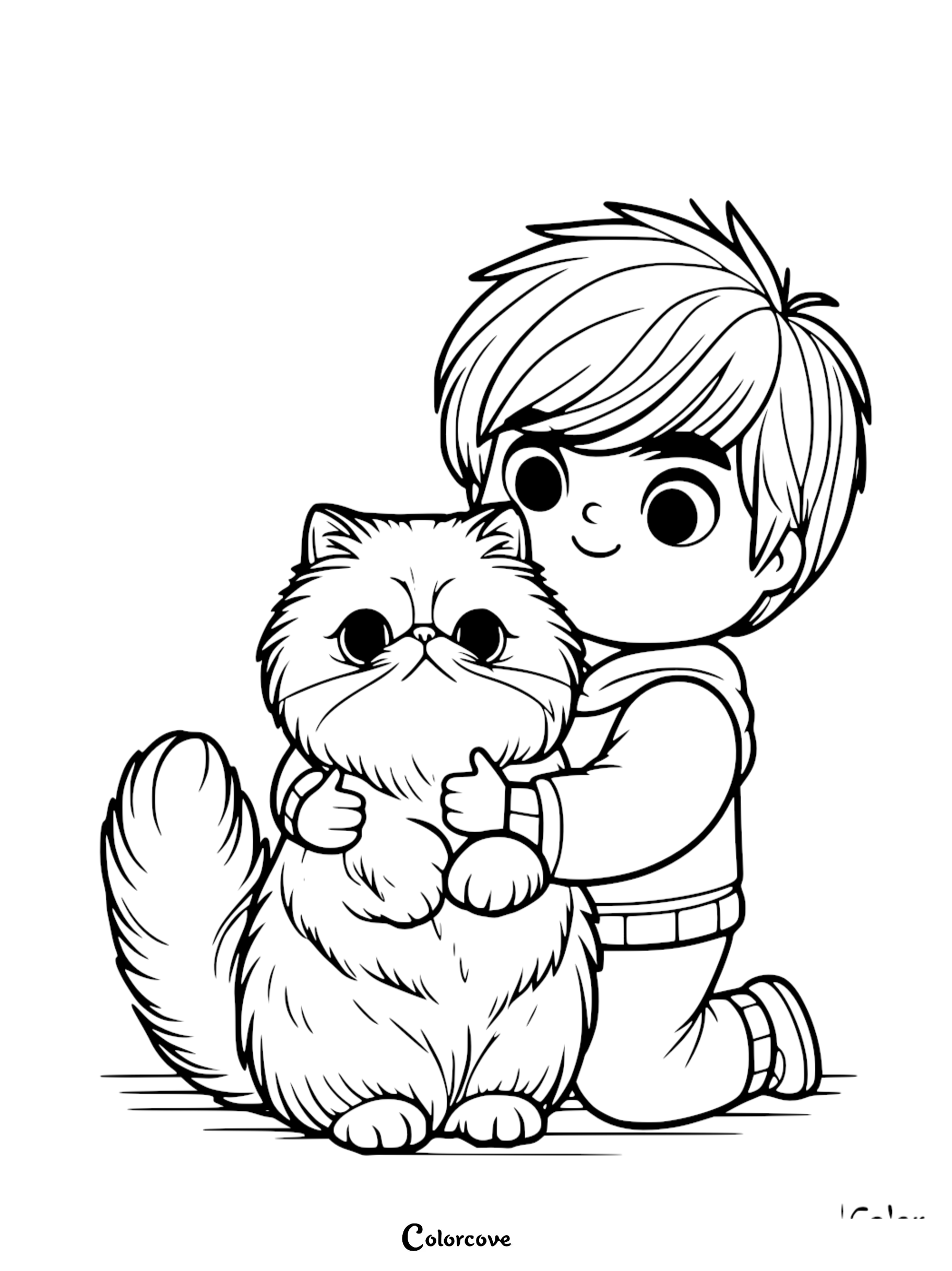 A young boy kneeling and hugging a fluffy Persian cat in this printable coloring page.