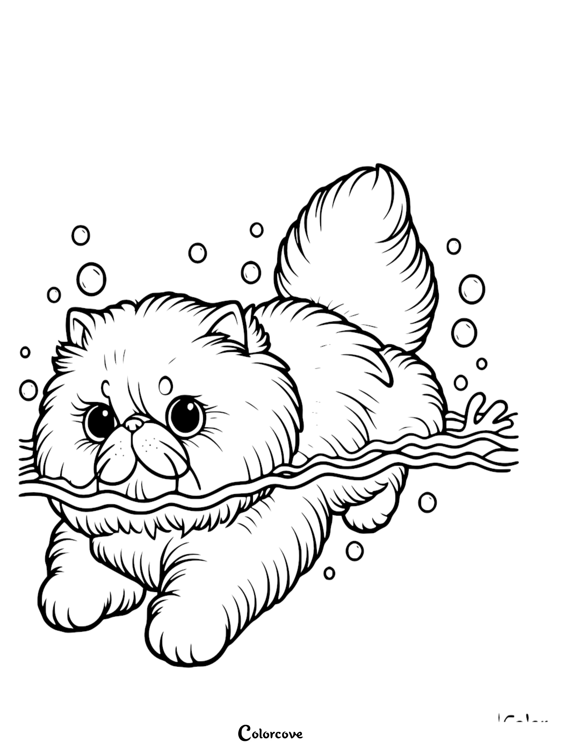 A fluffy Persian cat swimming in water with bubbles in this printable coloring page sheet 15.