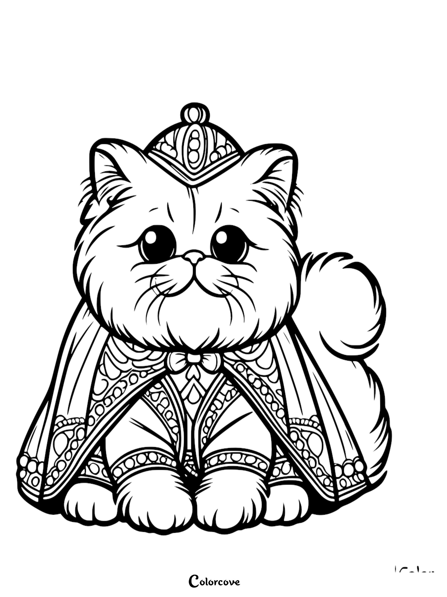 A cute Persian cat wearing an ornate royal crown and detailed patterned cape in this printable coloring page.