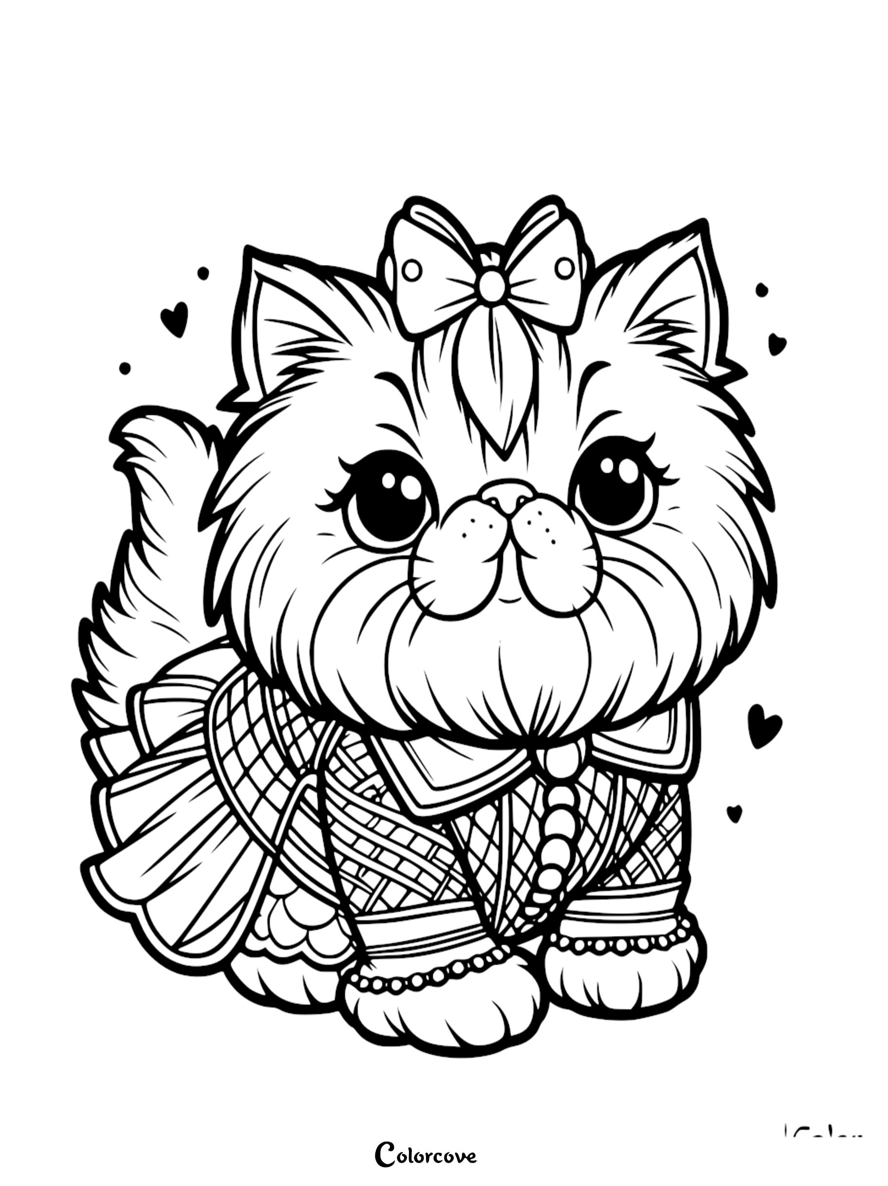 A cute Persian cat wearing a patterned dress and a bow on its head in this printable coloring page.