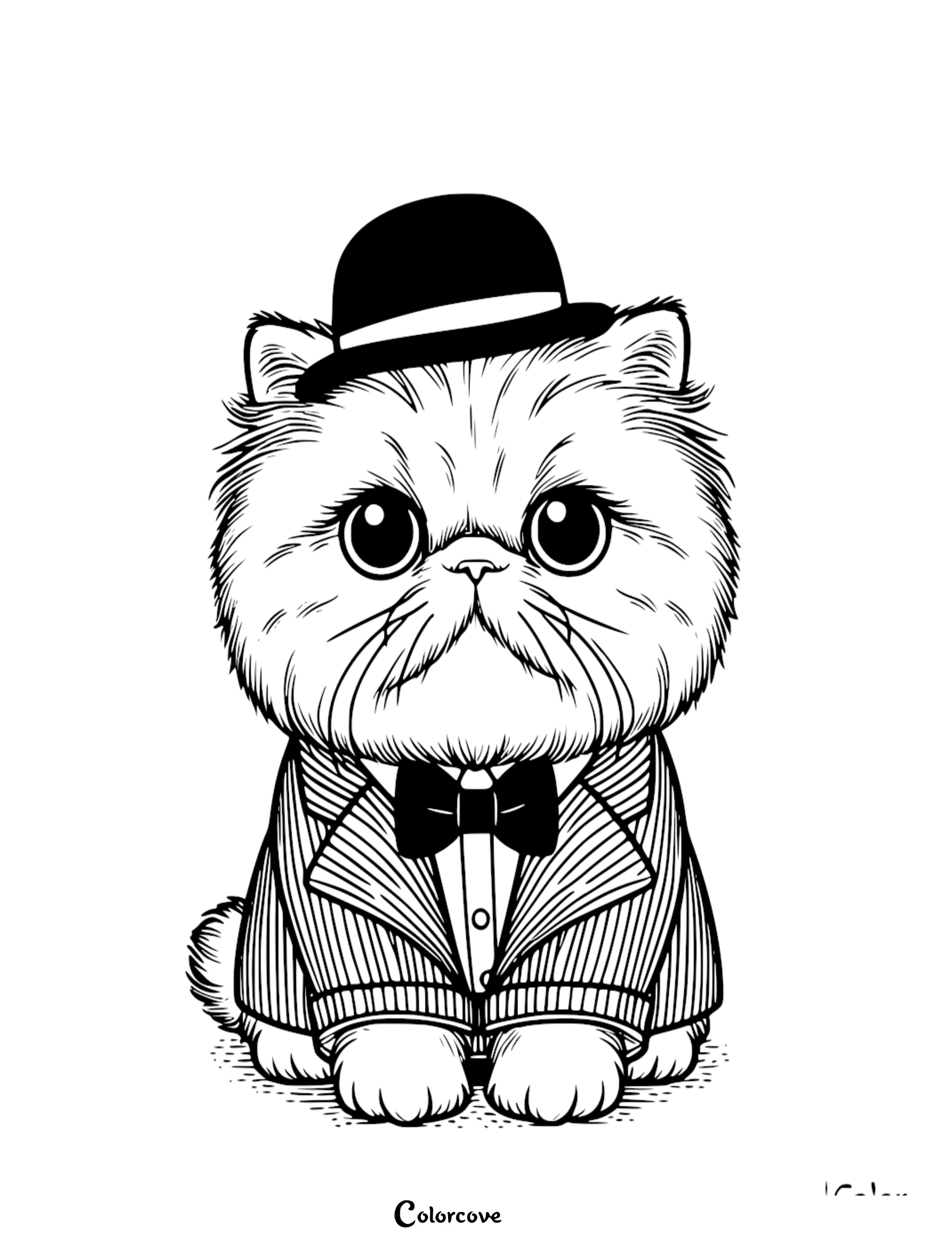 A printable Persian Cat coloring page featuring a dapper cat wearing a bowler hat, tuxedo jacket, and bowtie.