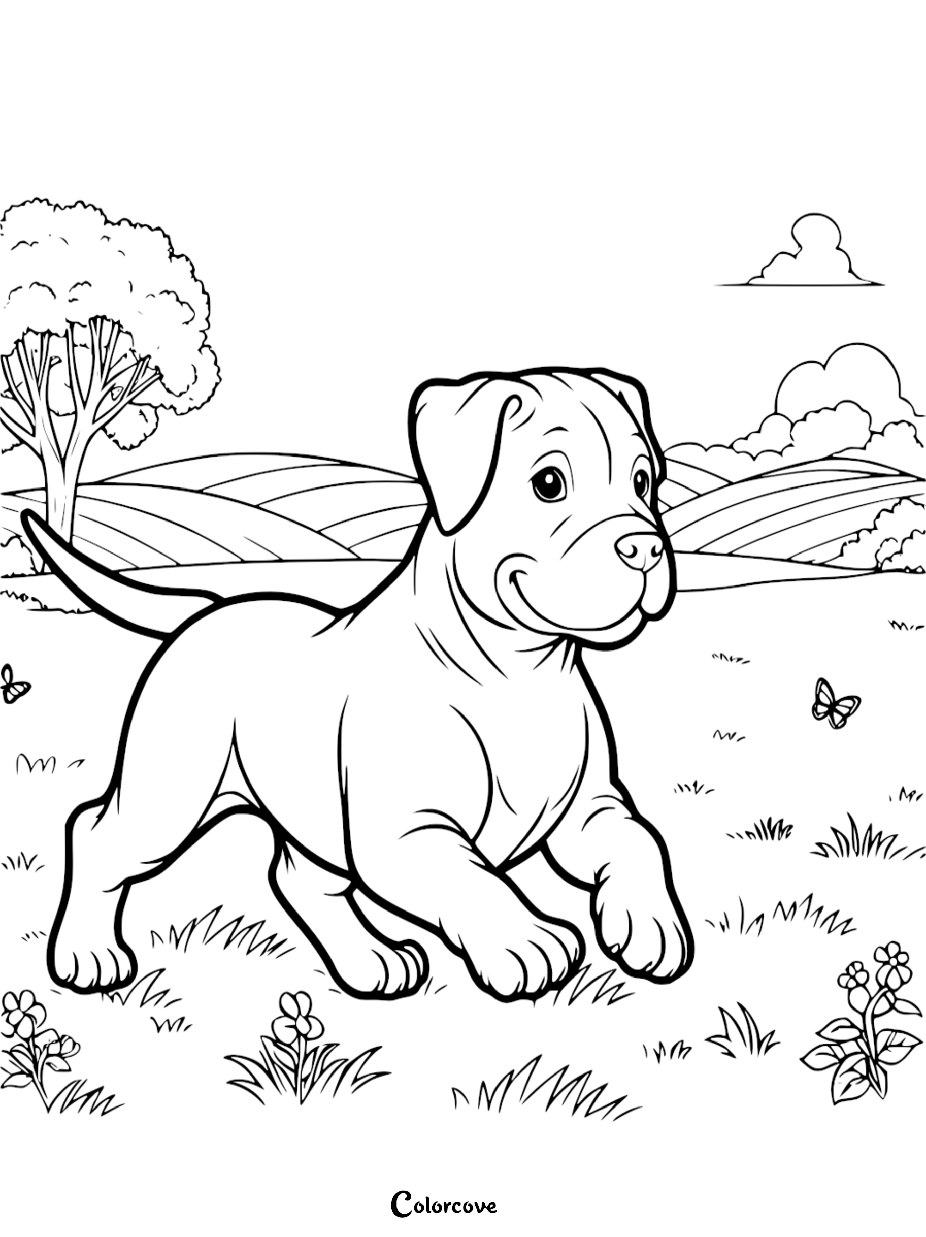a black and white drawing of a dog running in a field