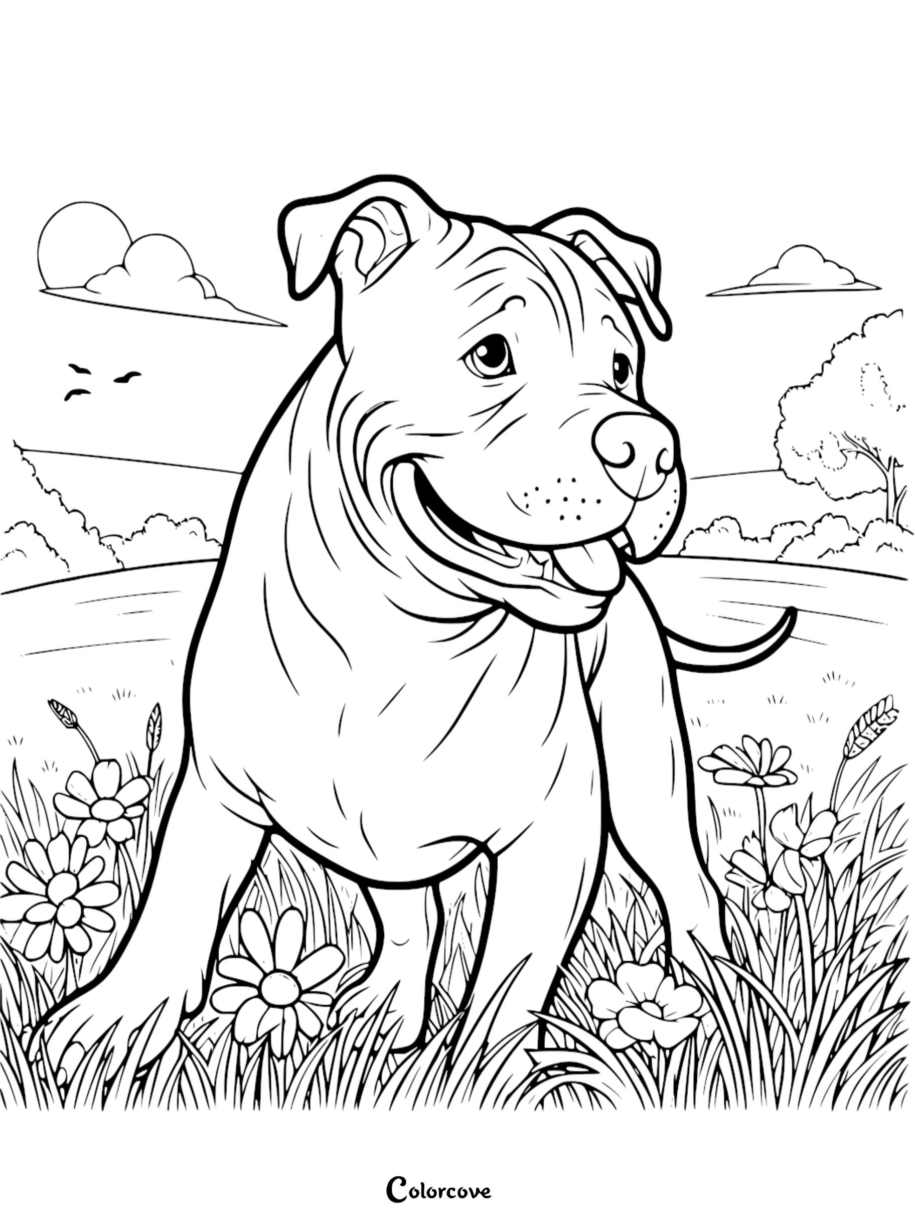 a dog standing in a field of flowers