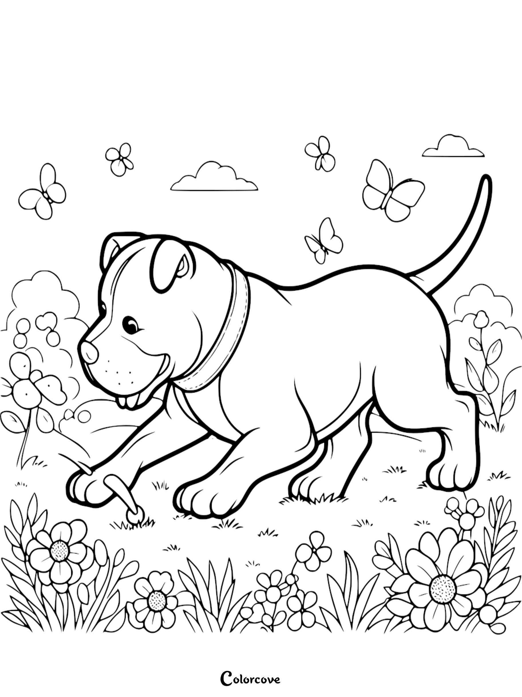 a cartoon of a dog in a flower garden