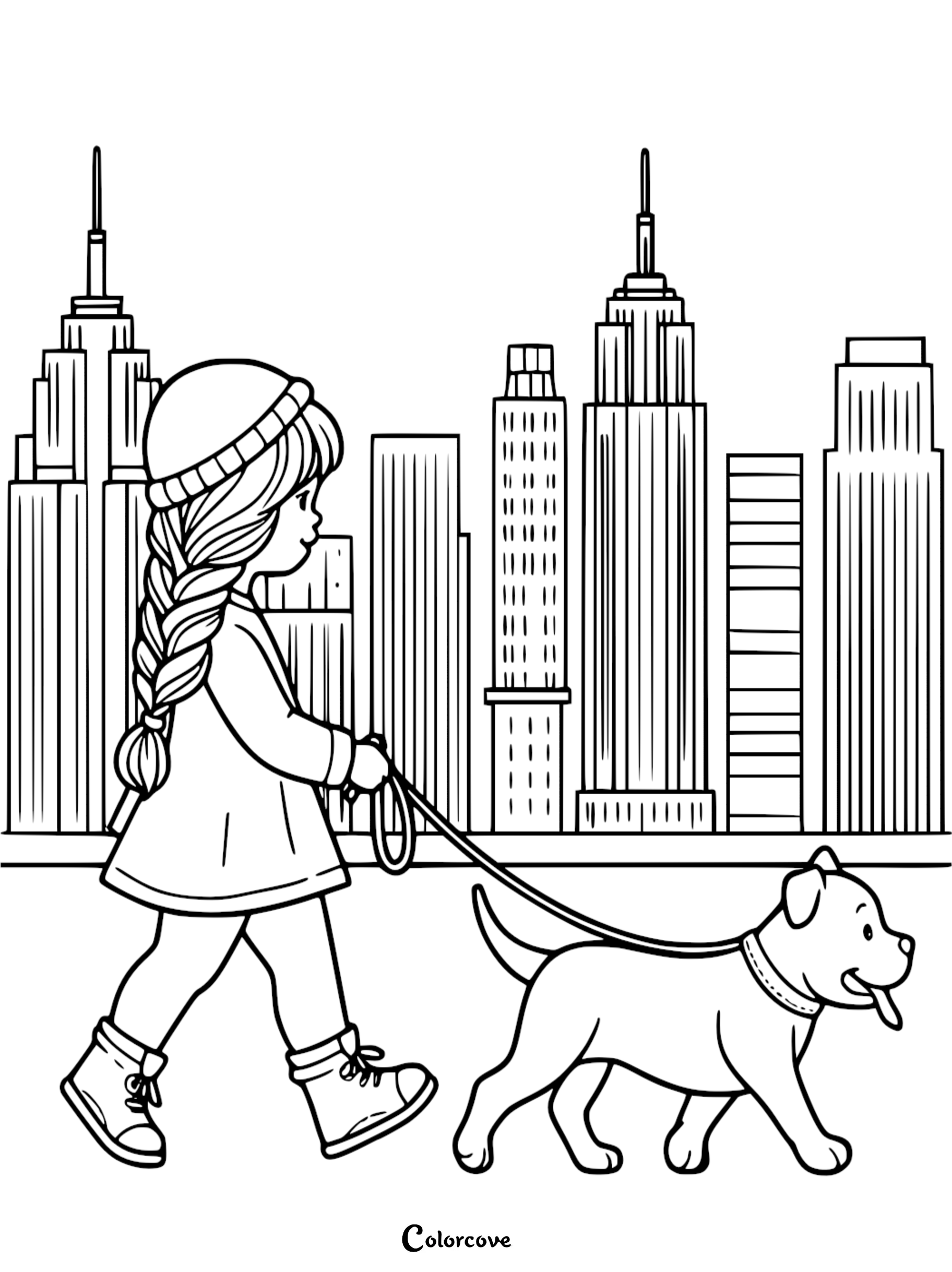 a cartoon of a girl walking a dog