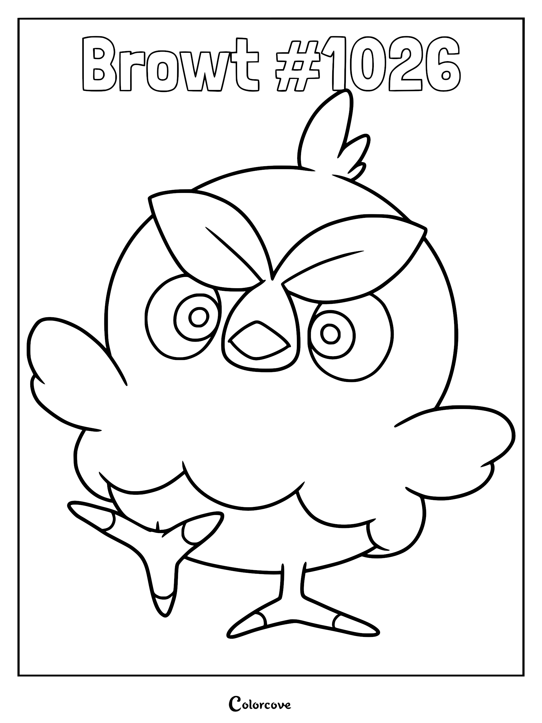 A black and white line art coloring page featuring Browt, the Grass-type bird starter from Pokémon Winds and Waves, standing on one leg.