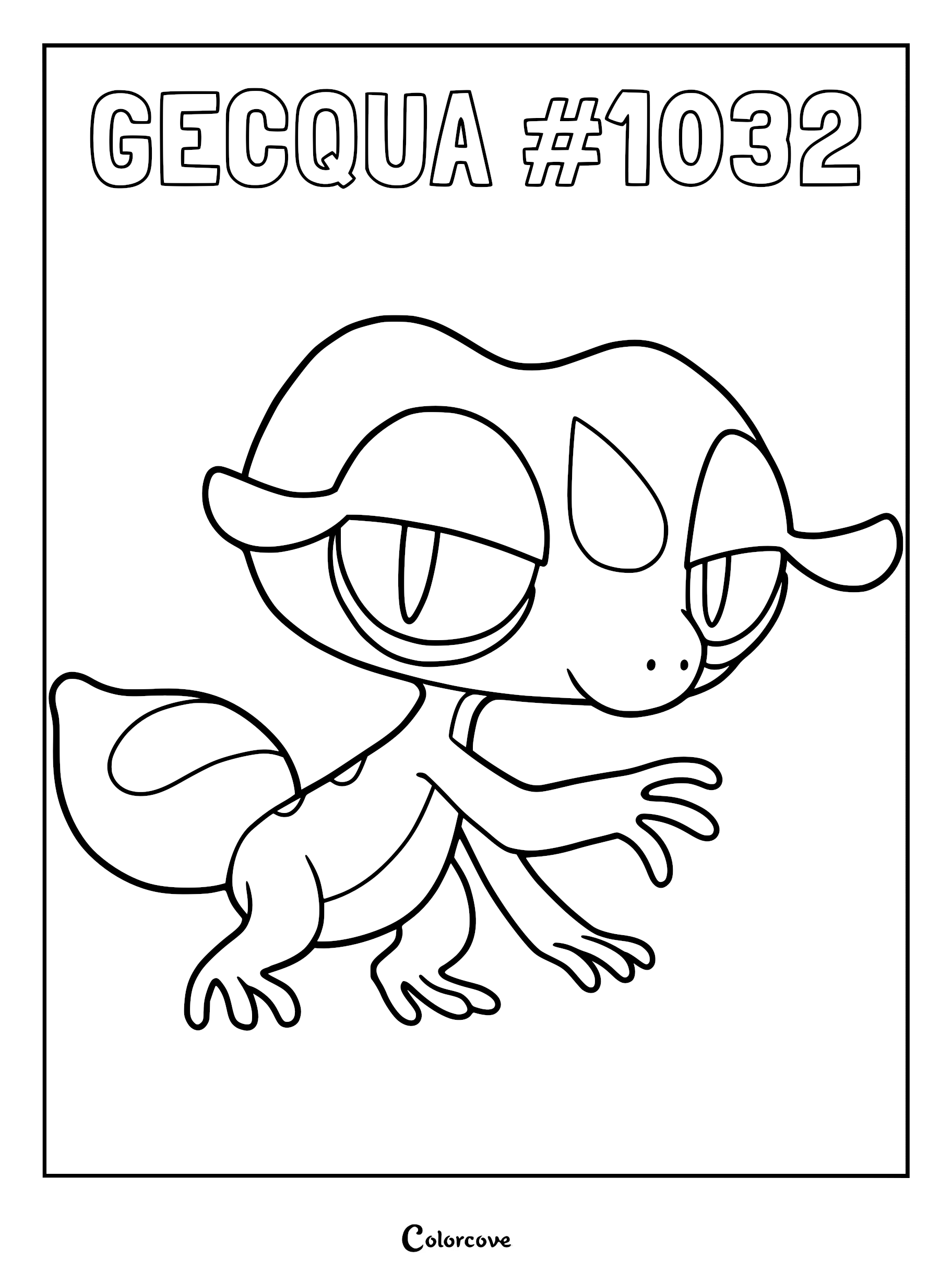 A printable coloring page featuring Gecqua, the Water-type starter Pokémon from Pokémon Winds and Waves, with bold outlines and the text Gecqua #1032 at the top.