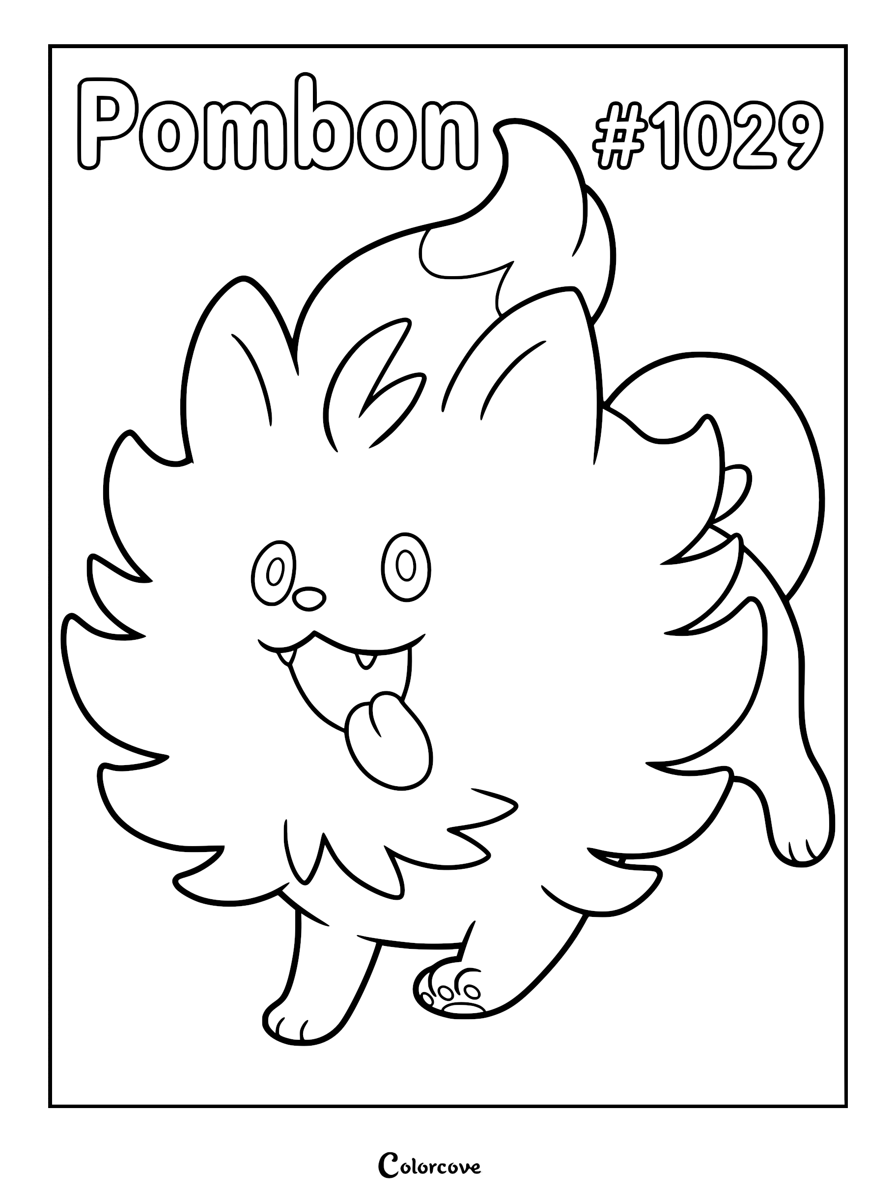 A black and white line art coloring page of the Fire-type starter Pokémon Pombon, featuring its fluffy fur, pointed ears, and happy expression with its tongue sticking out.