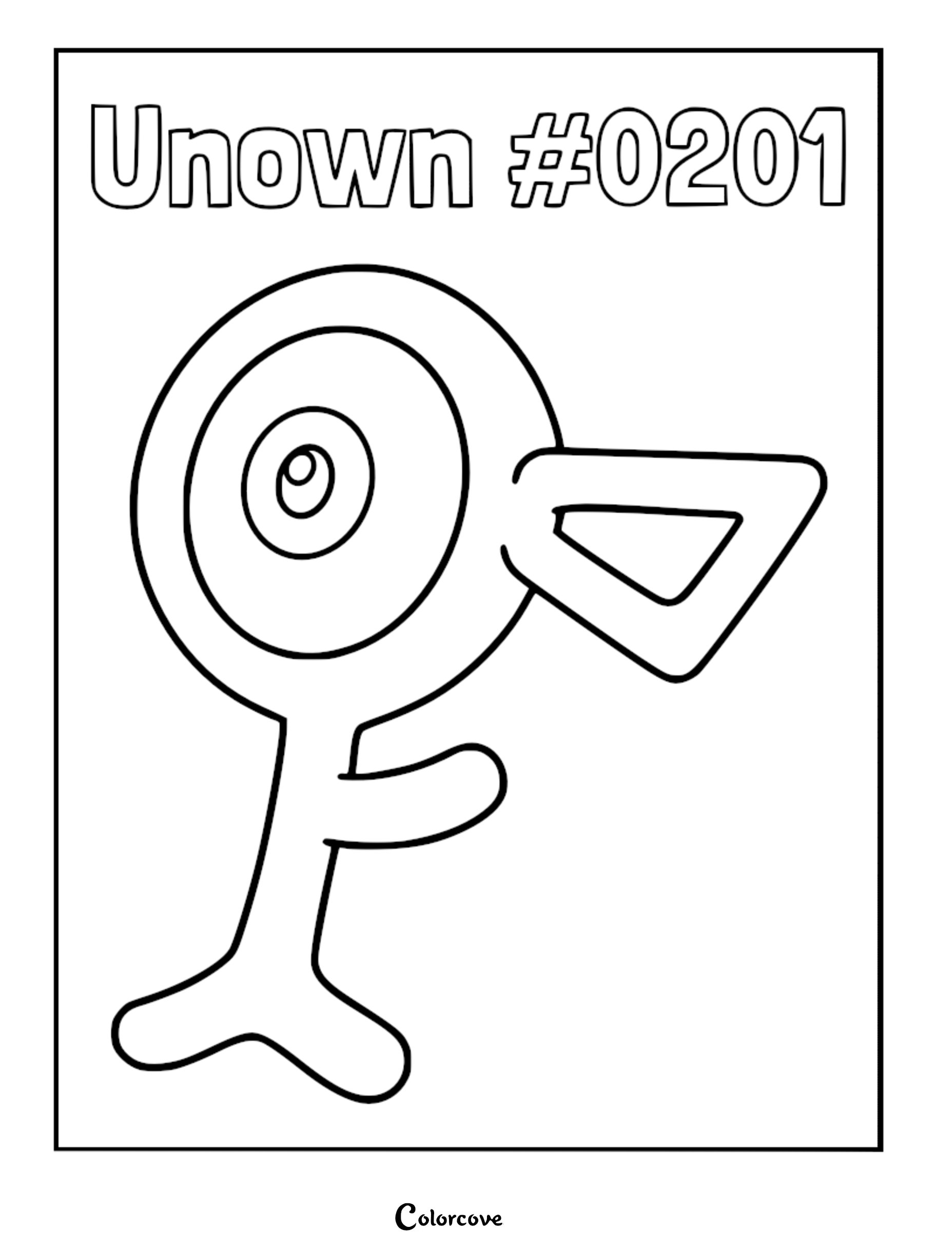 A printable coloring page featuring the letter F shaped Unown Pokemon with its single large eye.