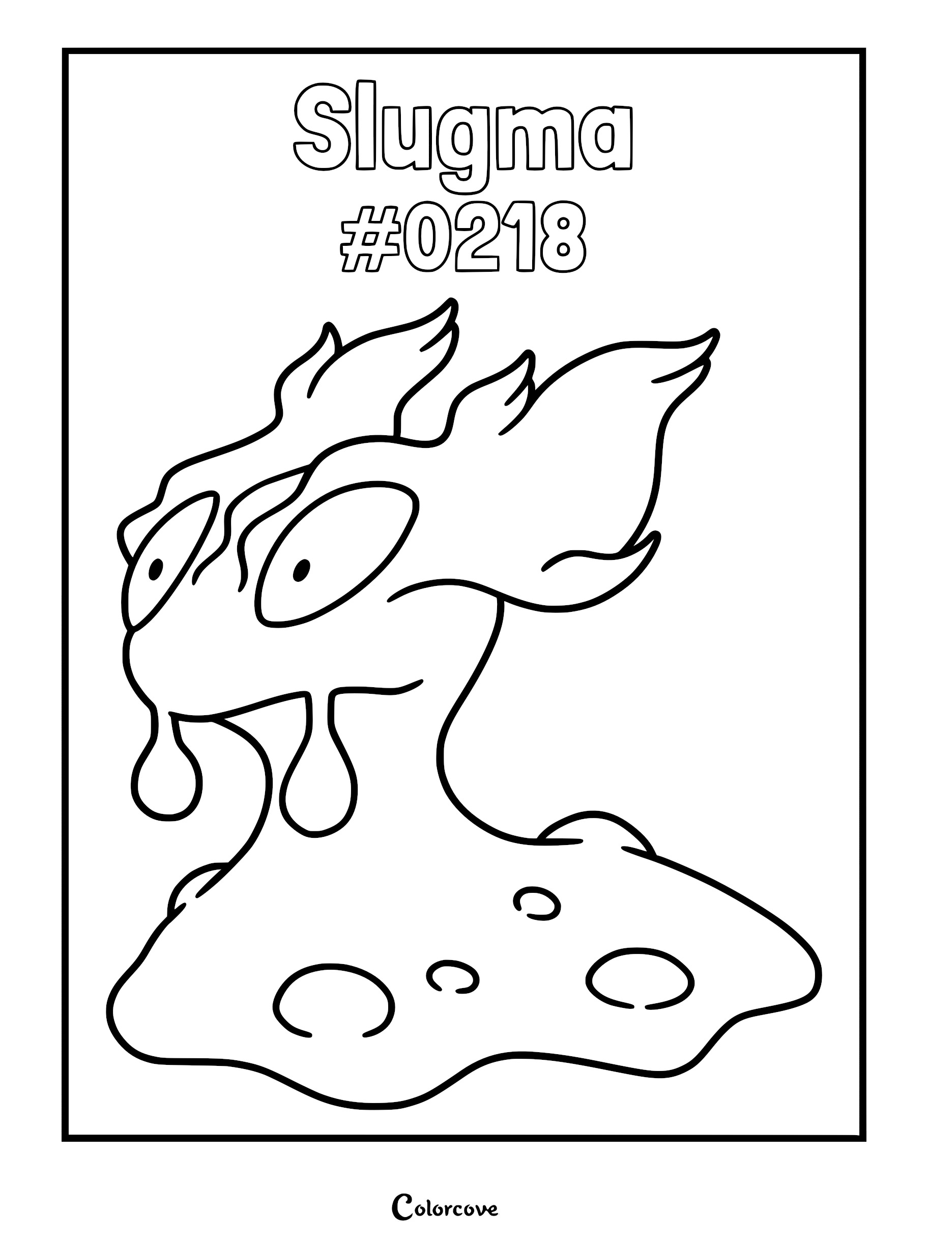 A printable Slugma coloring page featuring the lava-bodied Pokemon with flame-like head crests and molten droplets.