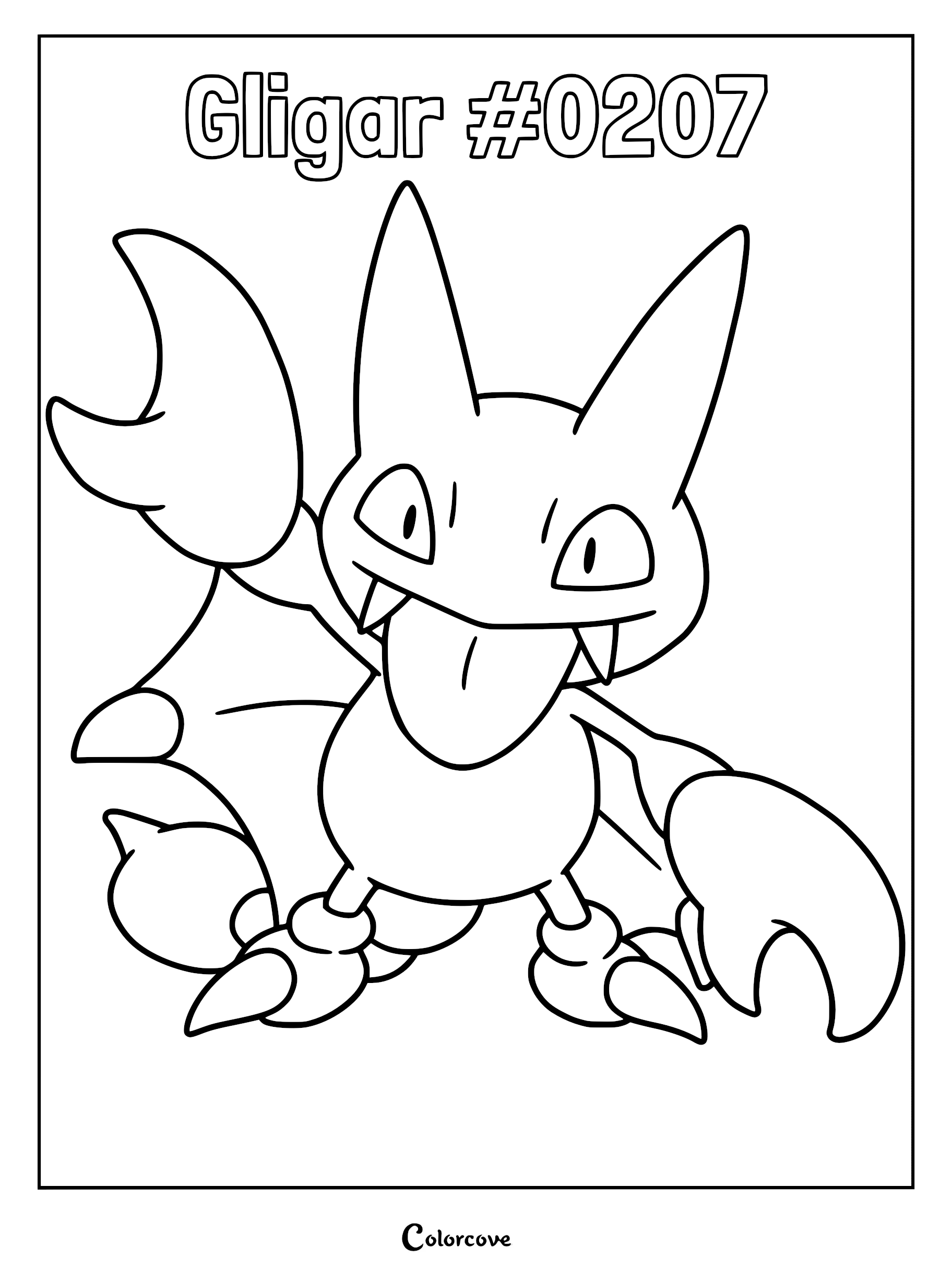A printable coloring page featuring Gligar with its large pincers raised and tongue sticking out.
