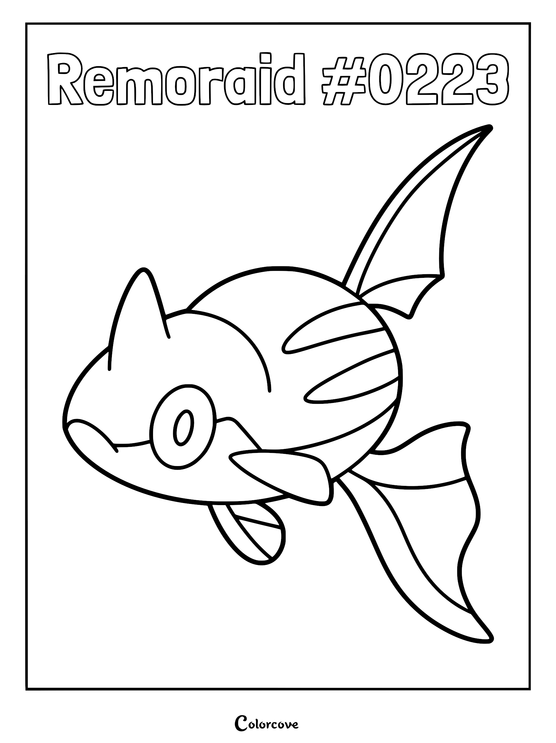 A printable coloring page featuring the Johto Pokemon Remoraid with its distinct dorsal fin and side stripes.