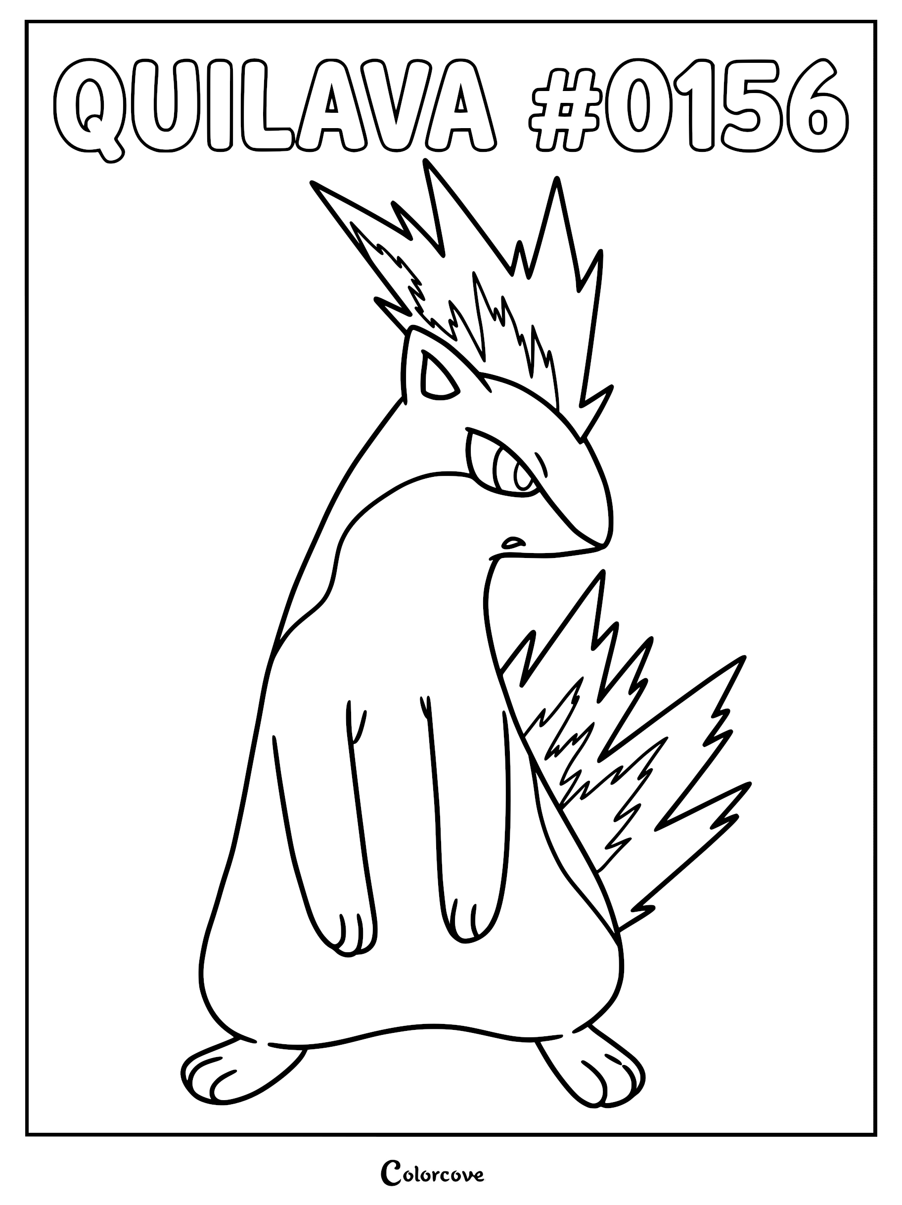 Quilava standing with flames on its head and back in a printable coloring page format.