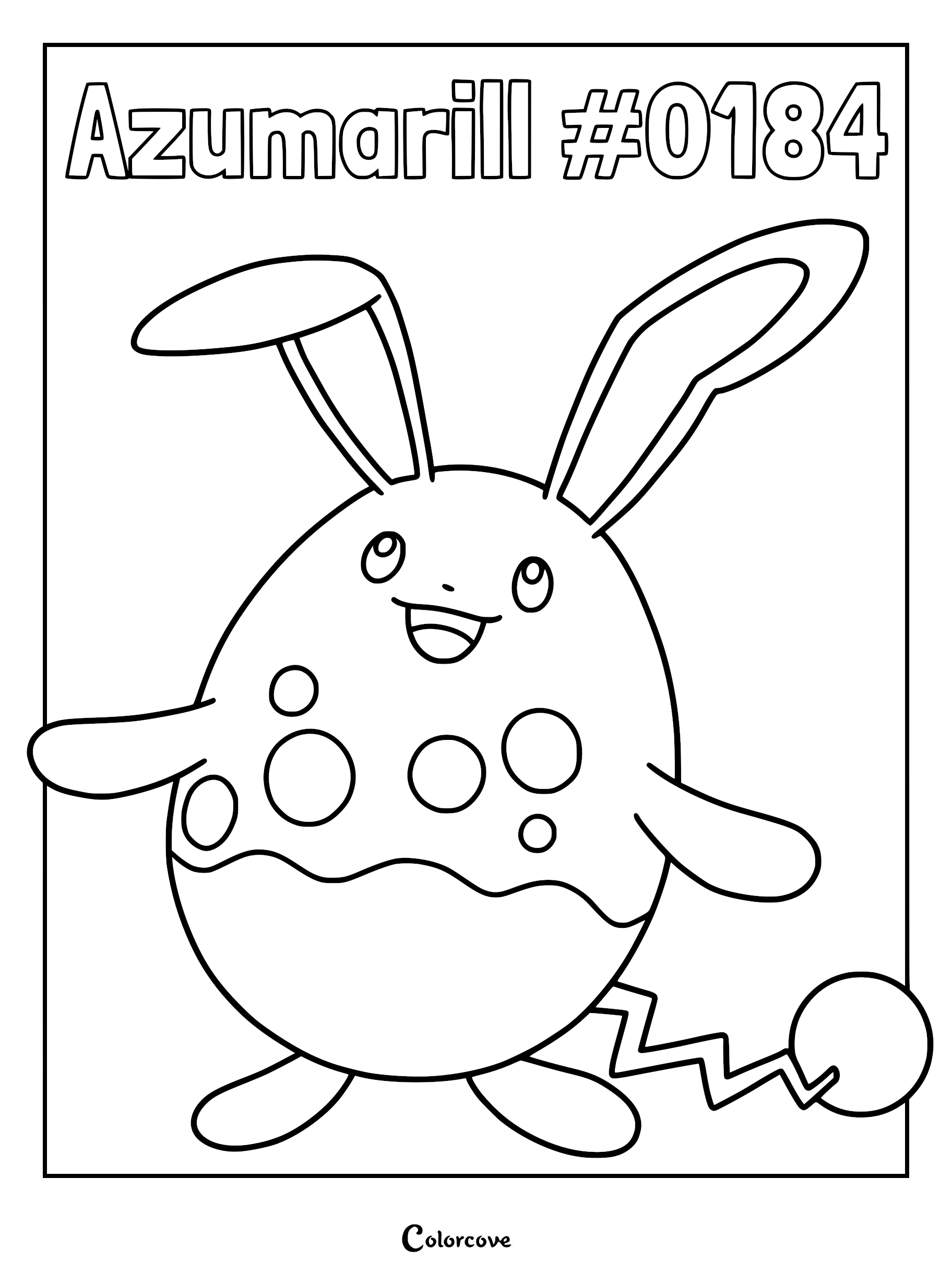 Azumarill #0184 with long ears and bubble patterns on its body in a printable coloring page format.
