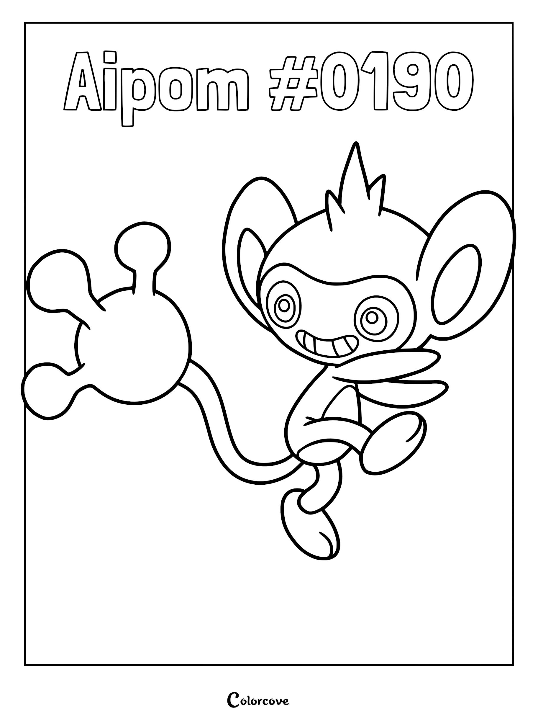 Aipom #0190 coloring page featuring the monkey-like Pokemon with its signature three-fingered tail raised in a playful pose.