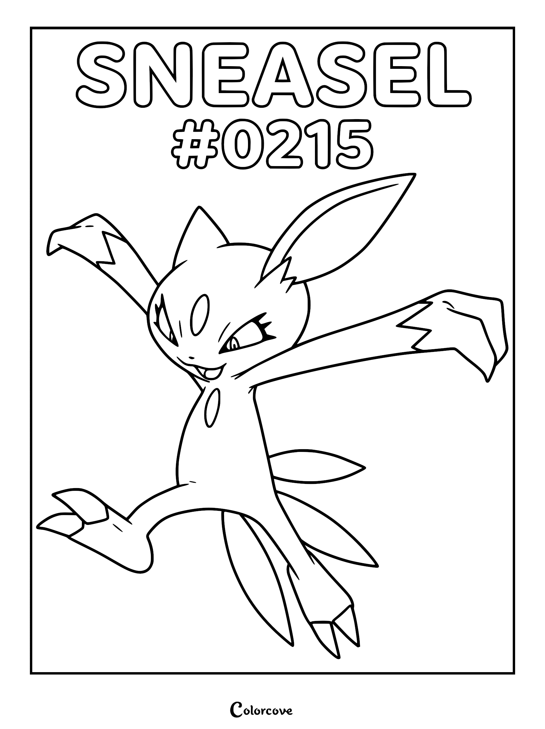 Sneasel Pokemon #0215 standing in a dynamic pose with arms outstretched on a printable coloring page.