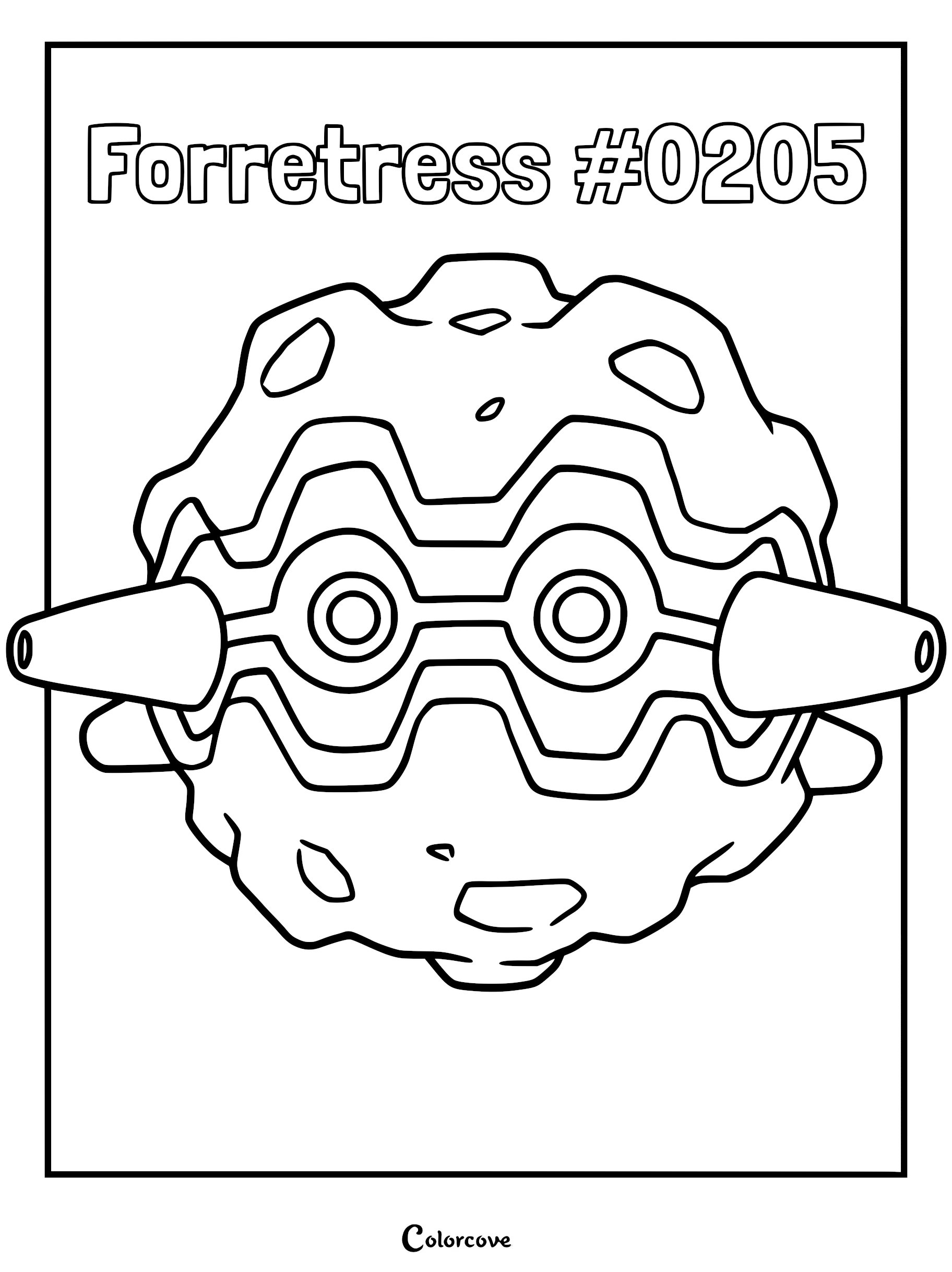 A printable coloring page featuring the Johto Pokemon Forretress with its signature metallic shell and protruding spikes.