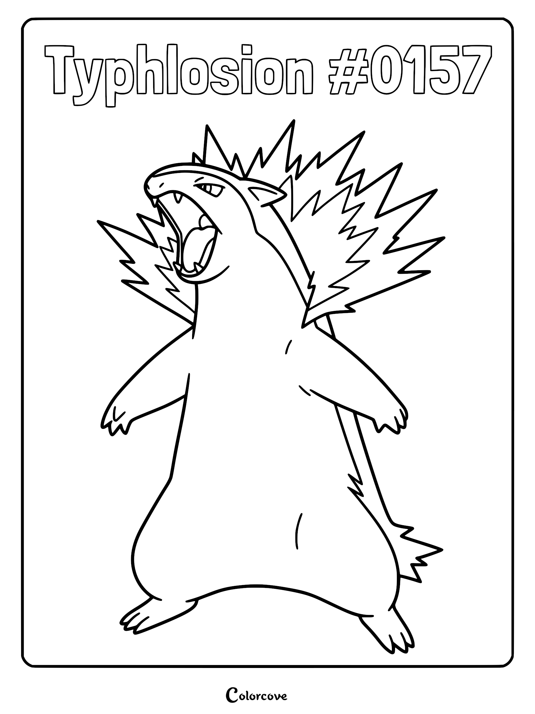 Typhlosion standing with its back flames ignited in this printable Pokemon Johto coloring page.
