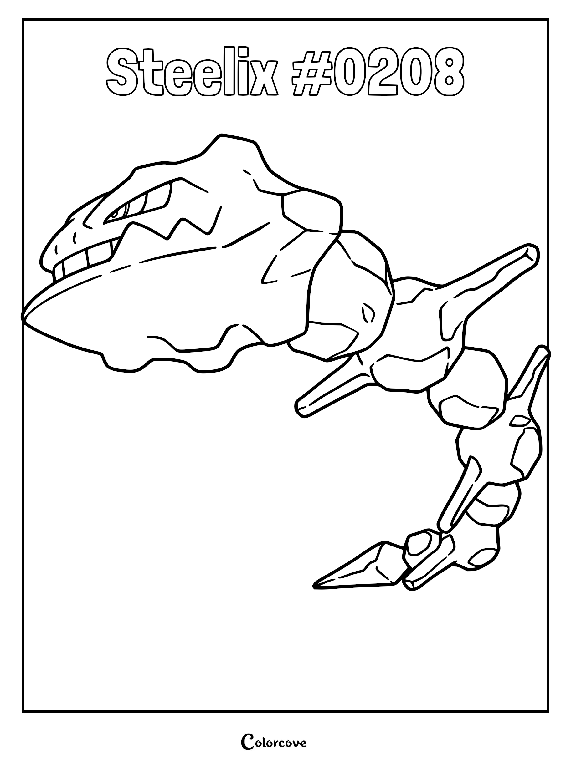 Steelix Pokemon Johto coloring page featuring the massive metallic serpent-like creature with jagged rock-like segments and sharp spikes.