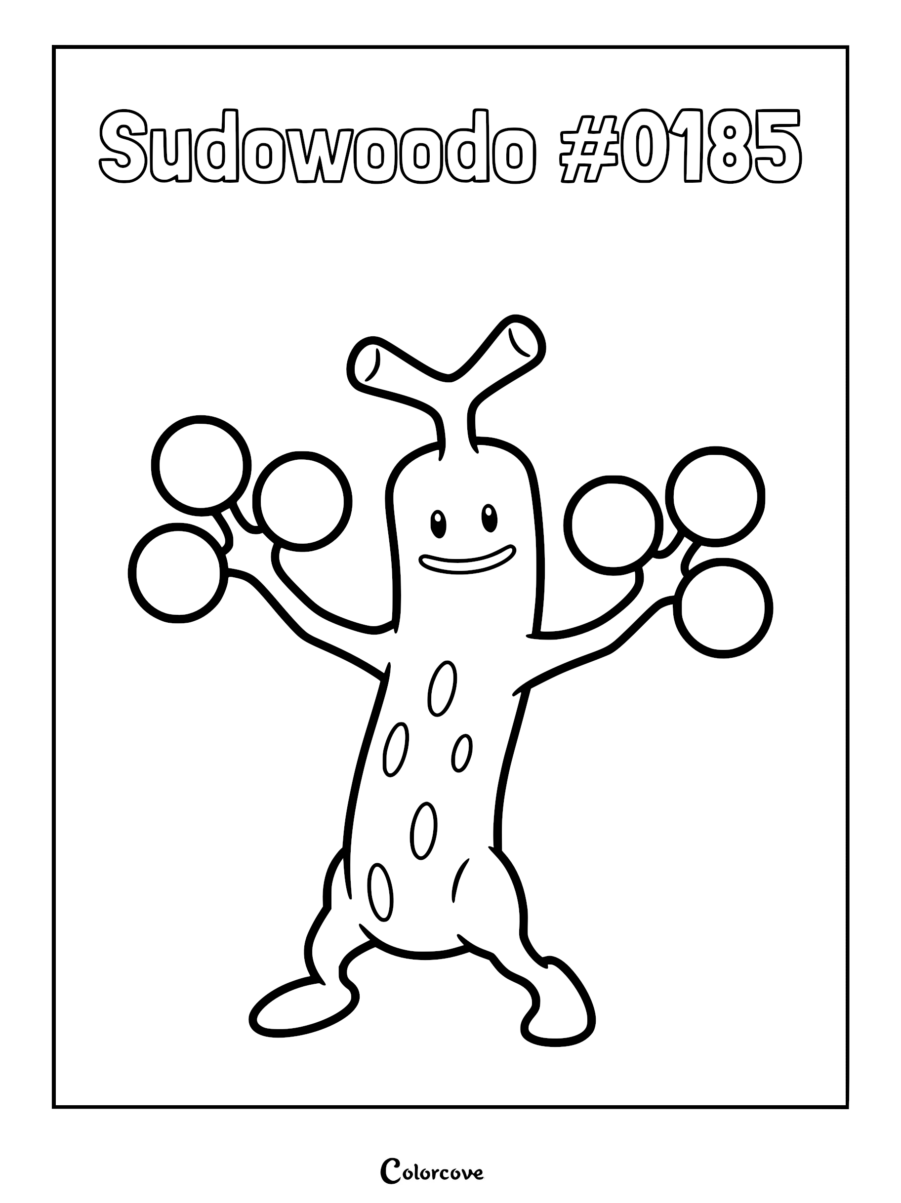 A printable Sudowoodo #0185 coloring page featuring the tree-like Pokemon standing with arms raised.
