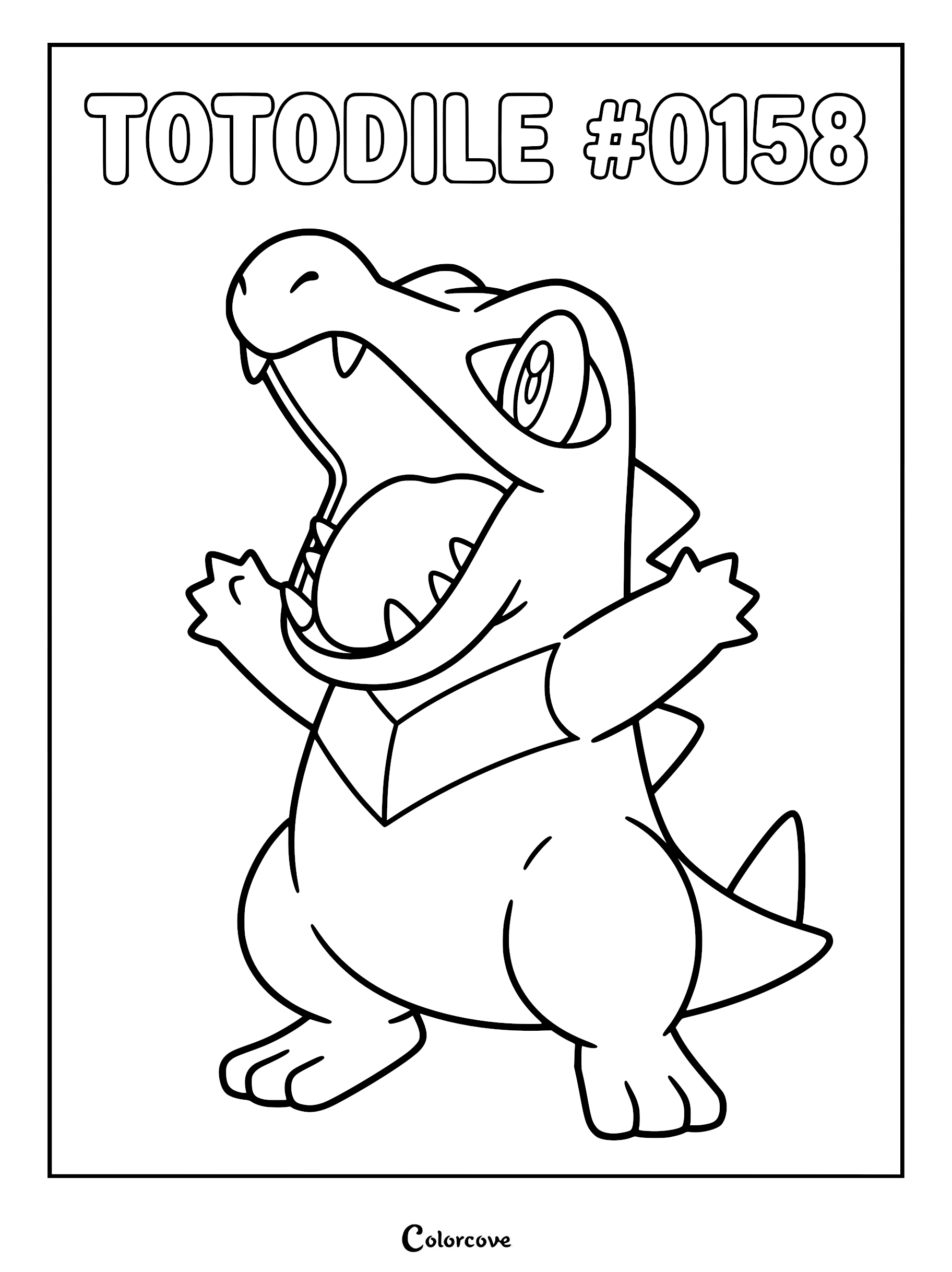 Totodile Pokemon Johto coloring page featuring the small blue crocodile with its mouth wide open in a cheerful pose.