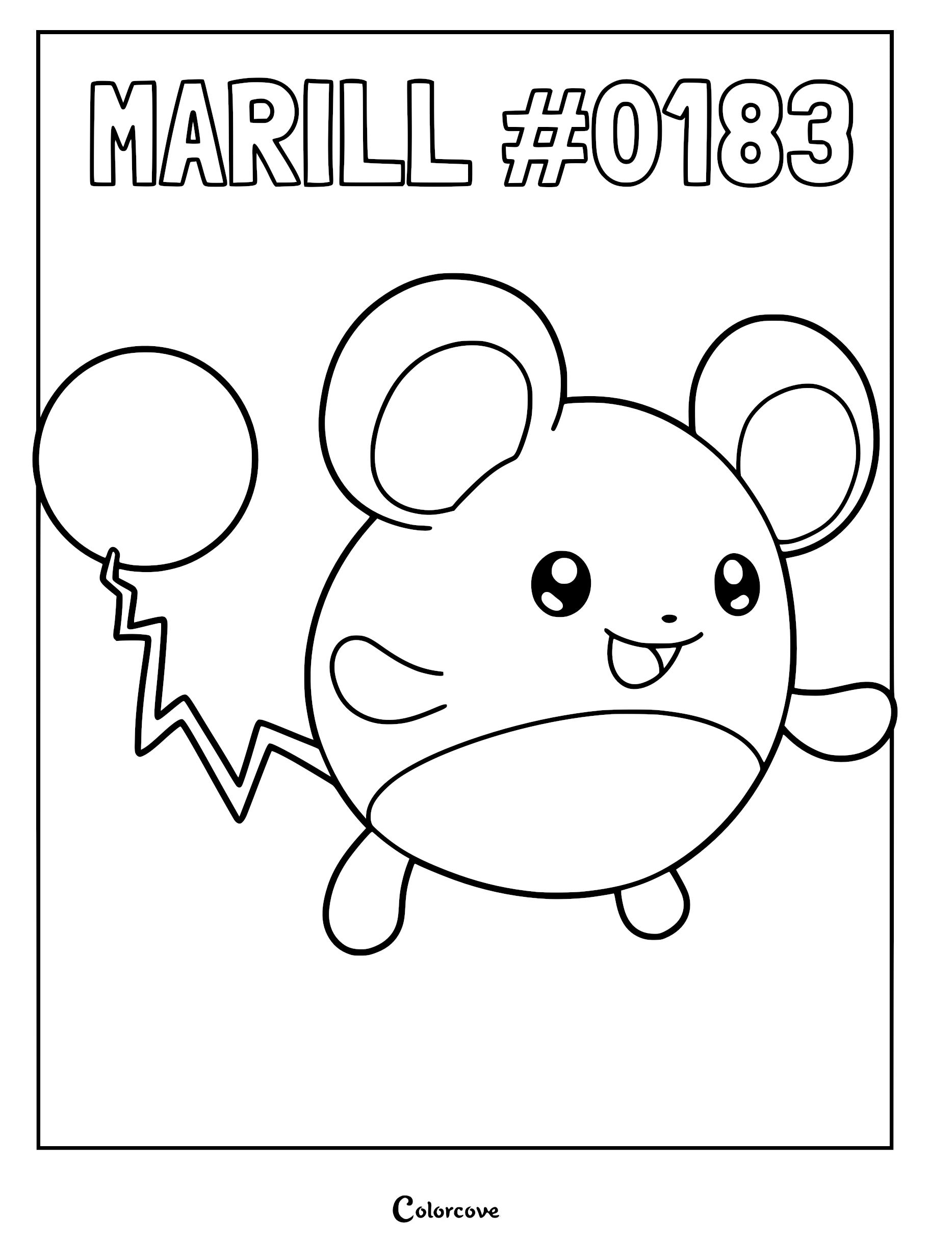 Marill #0183 Pokemon Johto character with a round body and bubble tail, black and white line art coloring page.