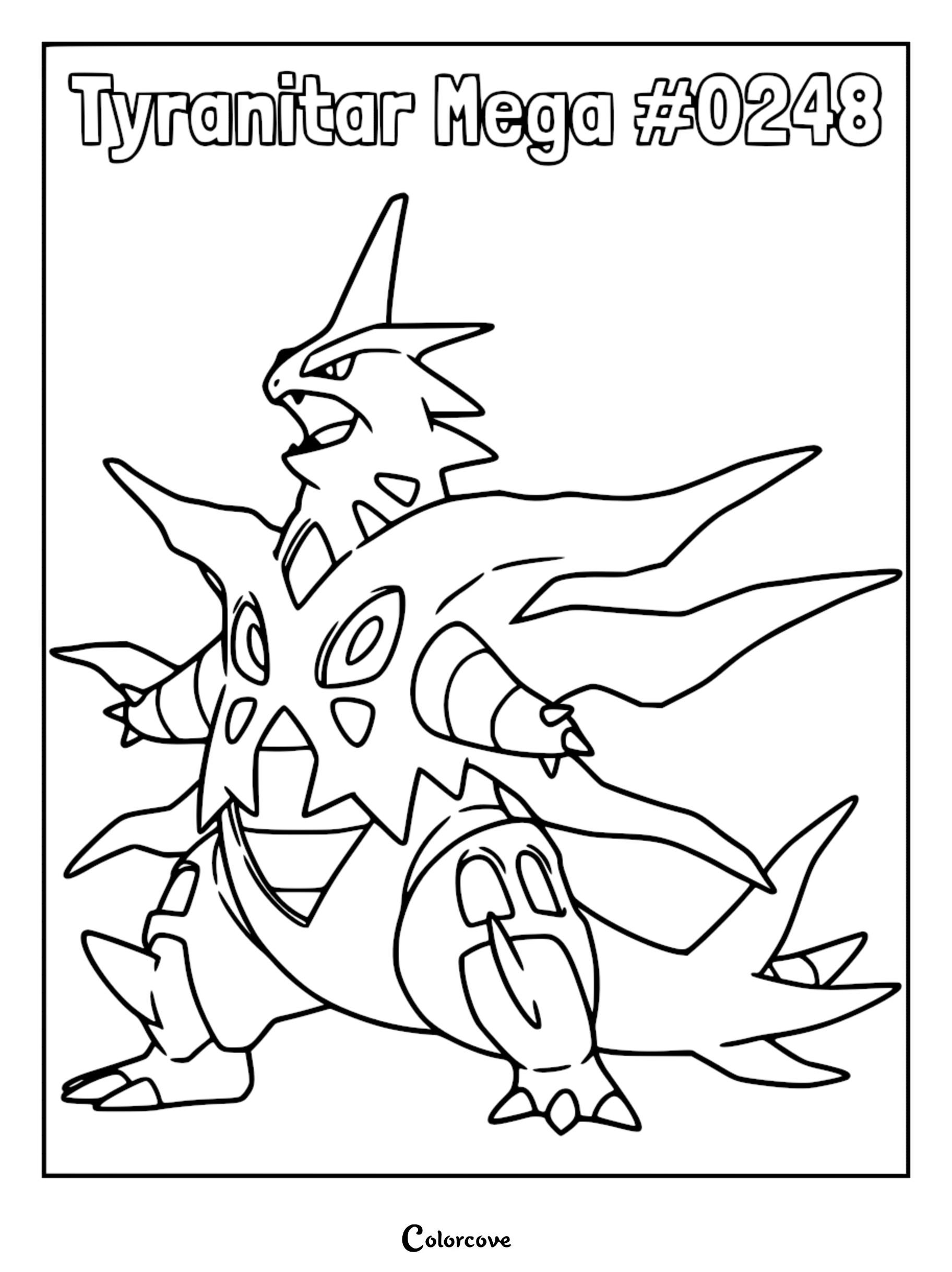 Mega Tyranitar standing in a powerful pose, detailed line art coloring page of the Johto region Pokemon.