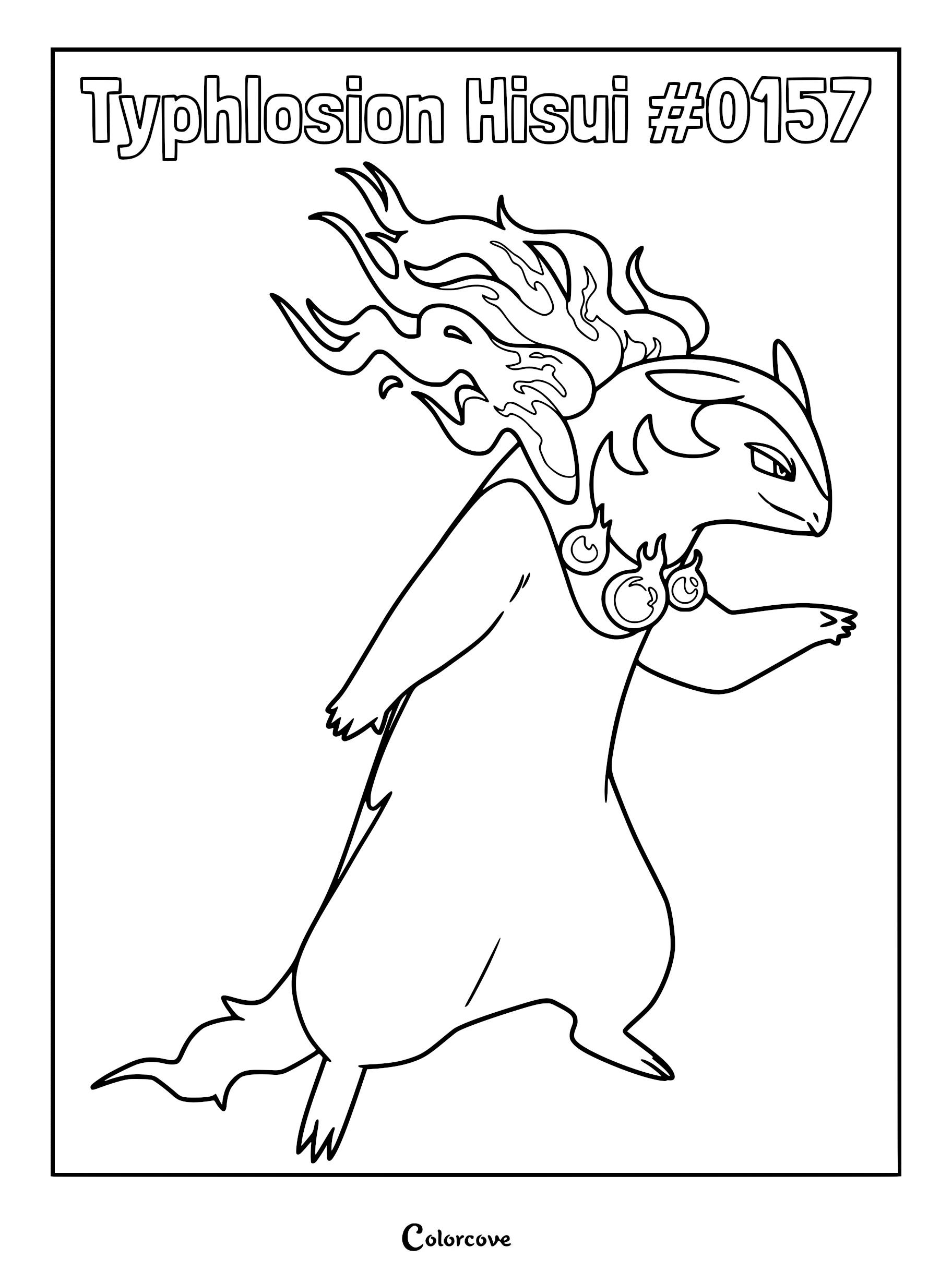 Hisuian Typhlosion with flowing spectral flames around its neck in a printable coloring page format.